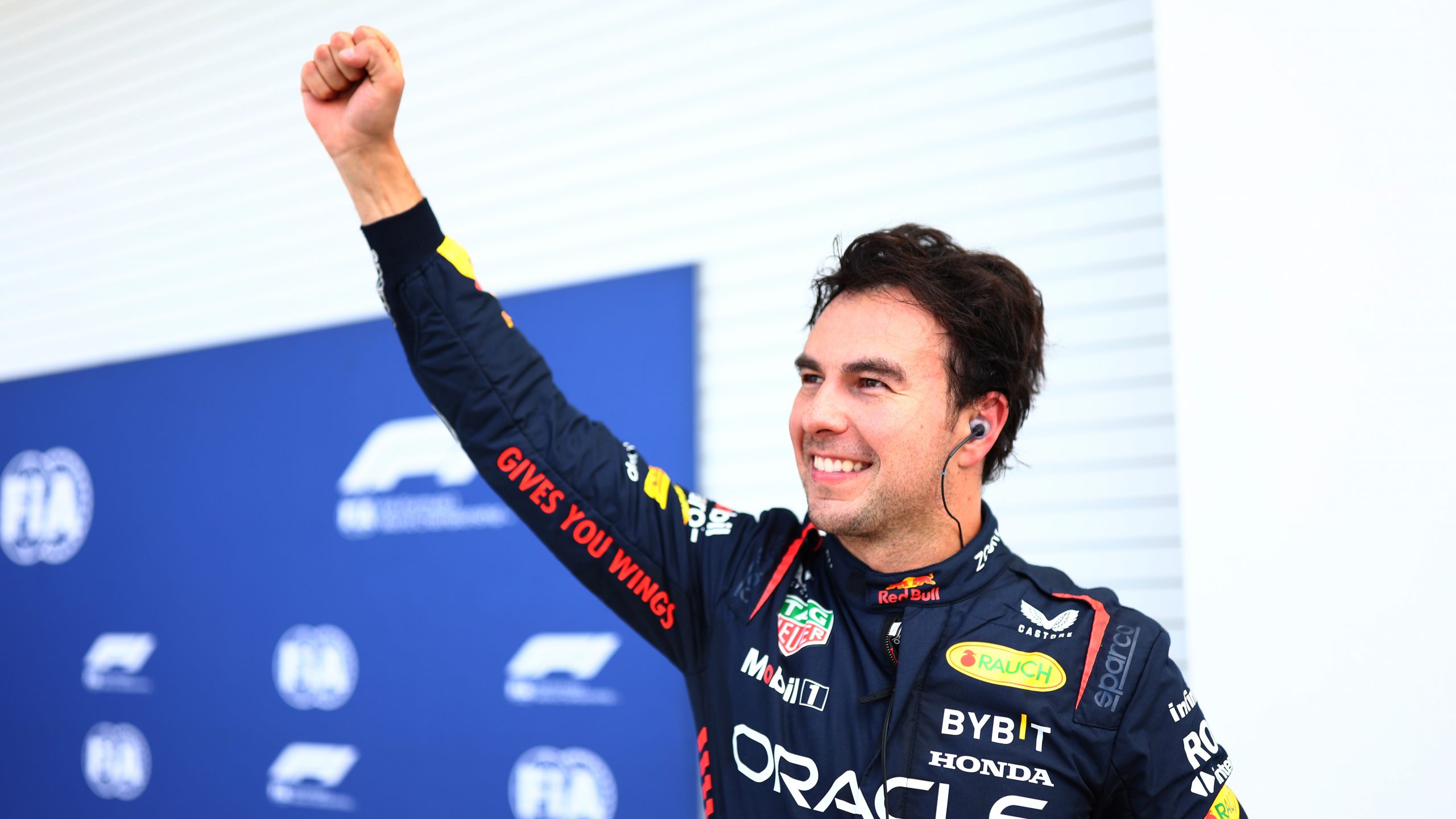 Pole position qualifier Sergio Perez of Mexico and Oracle Red Bull Racing celebrates in parc ferme during qualifying ahead of the F1 Grand Prix of Miami at Miami International Autodrome on May 06, 2023 in Miami, Florida. (Photo by Dan Istitene - Formula 1/Formula 1 via Getty Images)