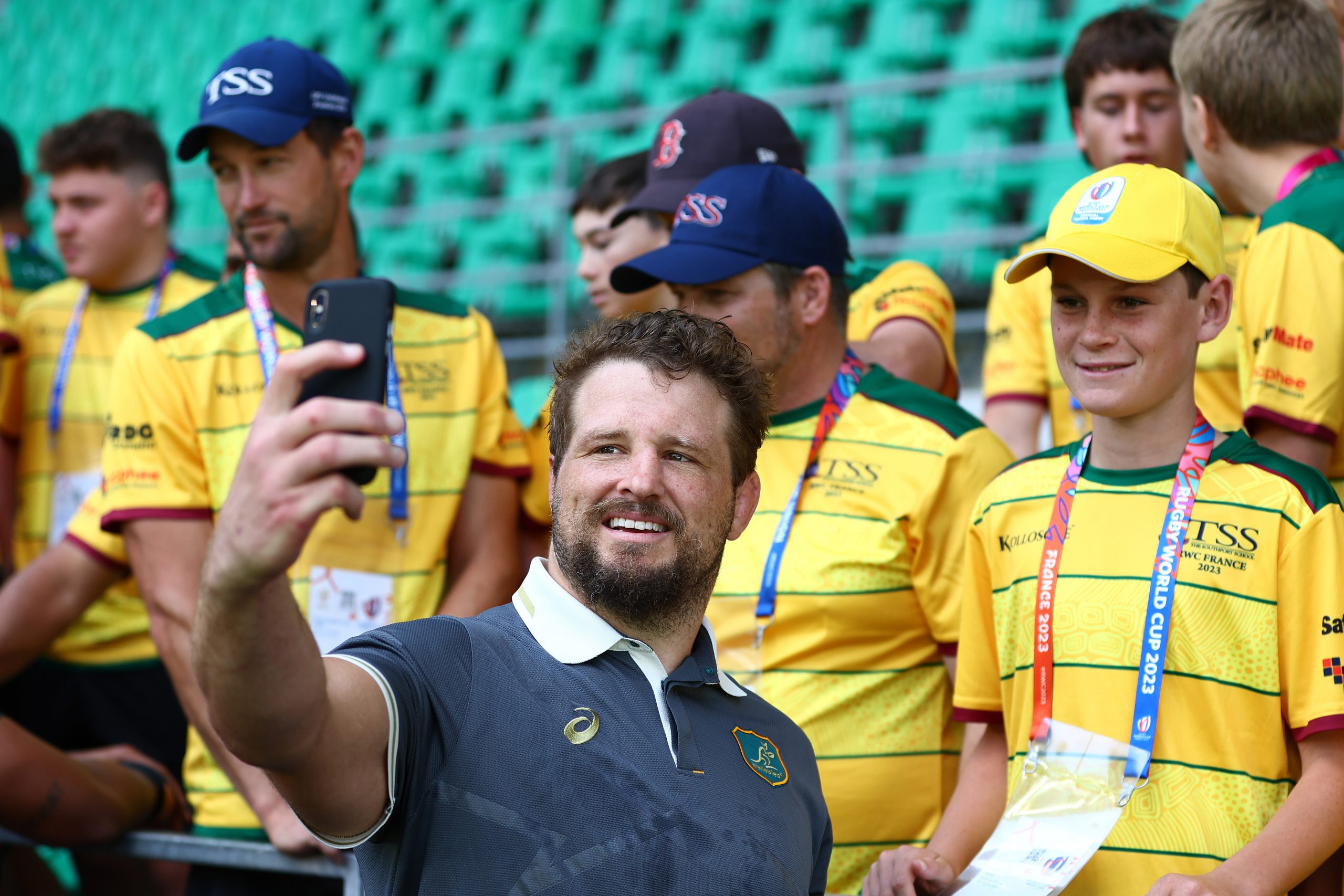 James Slipper of the Wallabies with fans at Stade Geoffroy-Guichard.