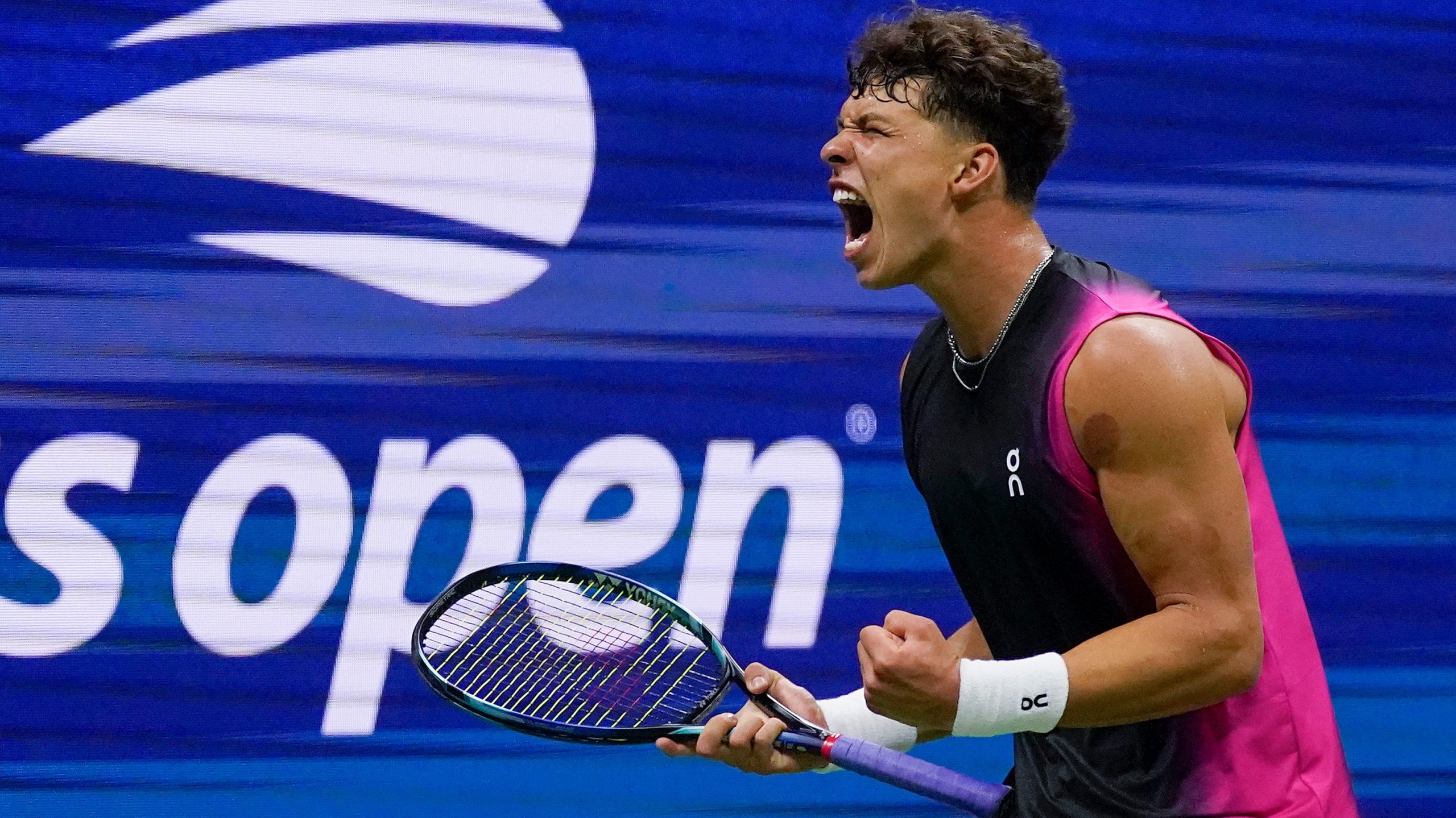 Ben Shelton celebrates winning a point in his US Open quarter final clash against Frances Tiafoe.