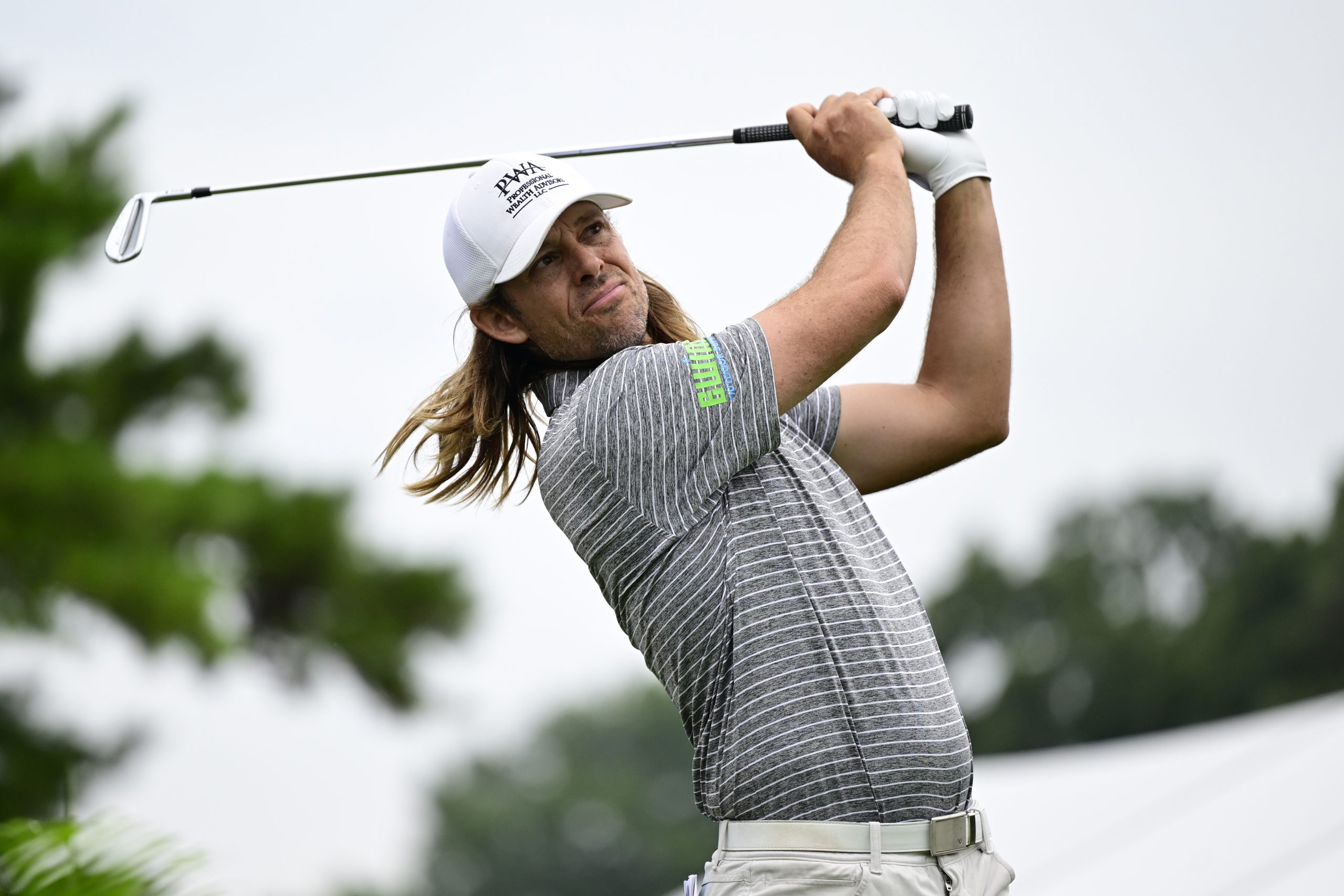 Aaron Baddeley of Australia plays his shot from the 16th tee during the first round of the Wyndham Championship at Sedgefield Country Club on August 03, 2023 in Greensboro, North Carolina. (Photo by Logan Whitton/Getty Images)