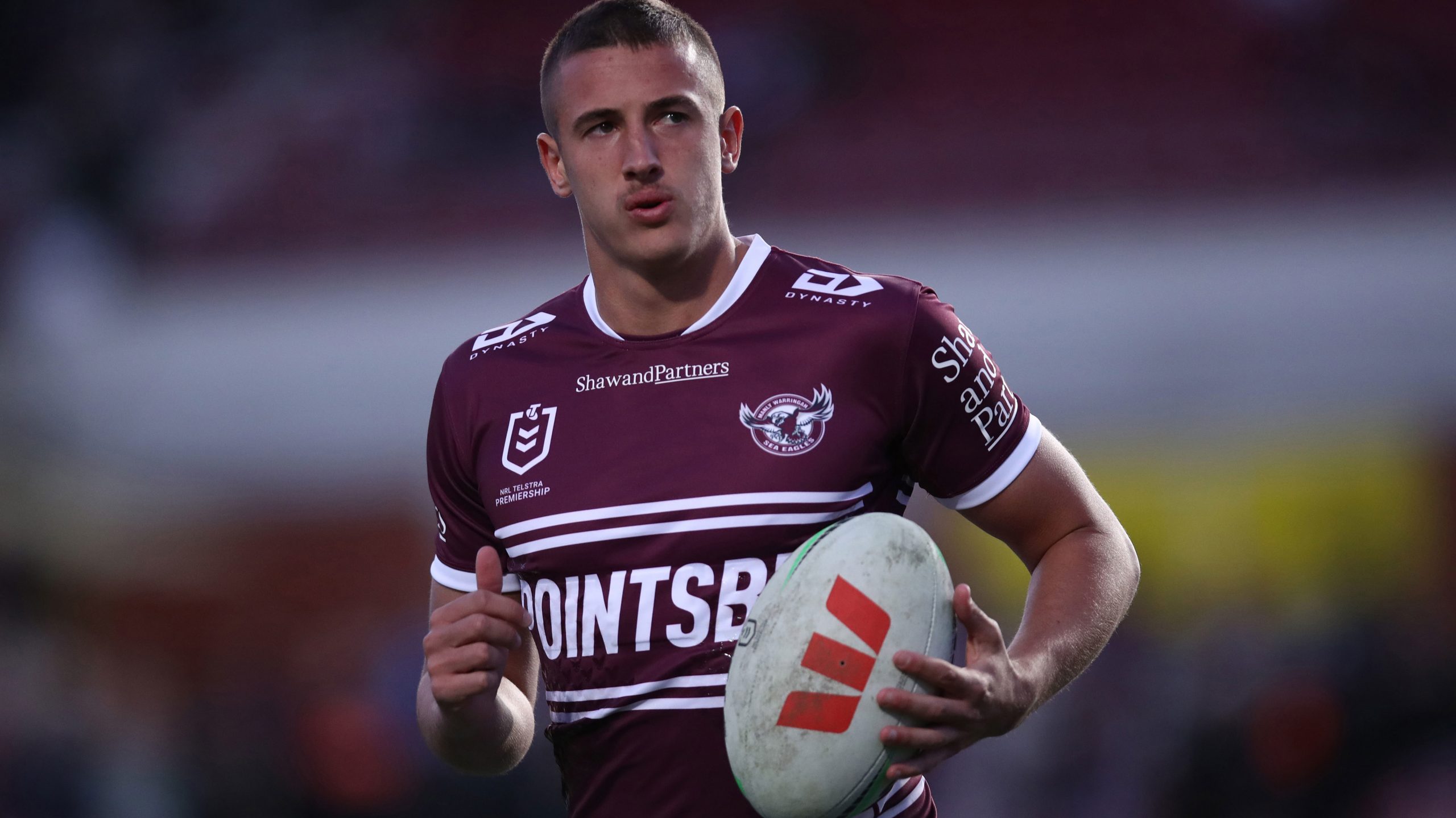 Jake Arthur warms up ahead of the round 27 match between Manly Sea Eagles and Wests Tigers at 4 Pines Park.