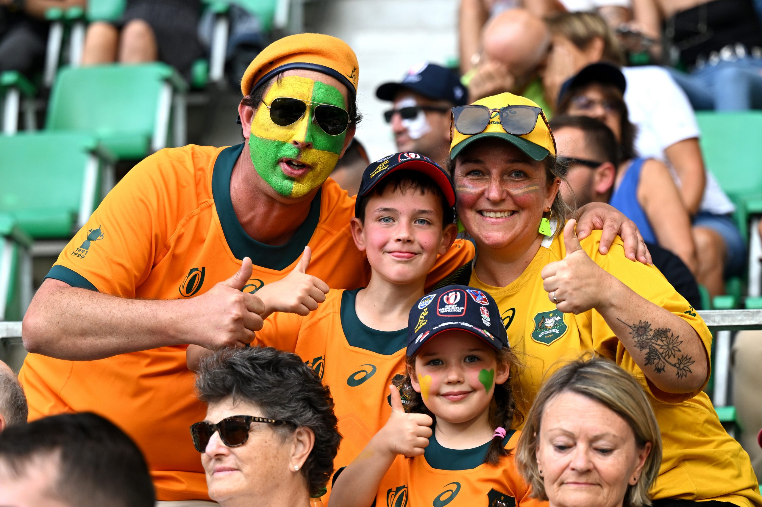 Fans of Australia enjoy the pre-match atmosphere at Stade Geoffroy-Guichard.