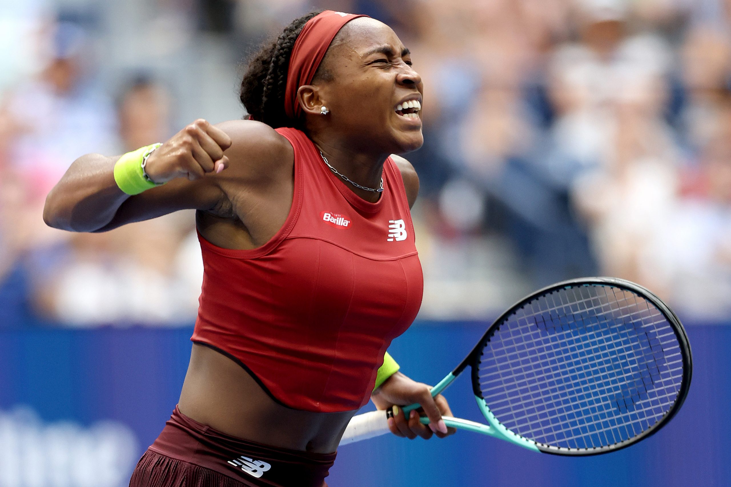 Coco Gauff of the United States celebrates match point to defeat Caroline Wozniacki of Denmark during their Women's Singles Fourth Round match on Day Seven of the 2023 US Open at the USTA Billie Jean King National Tennis Center on September 03, 2023 in the Flushing neighborhood of the Queens borough of New York City. (Photo by Matthew Stockman/Getty Images)