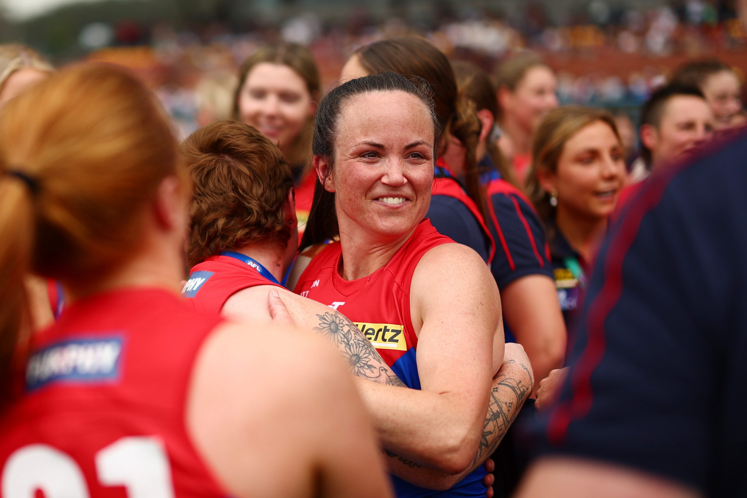 Daisy Pearce celebrates winning the AFLW S7 Grand Final.