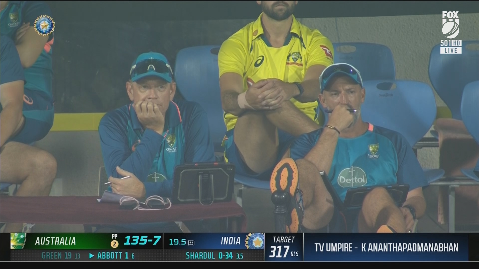 Australian coaching staff reacting after Cameron Green was given out run out after he failed to ground his bat in the second ODI against India.