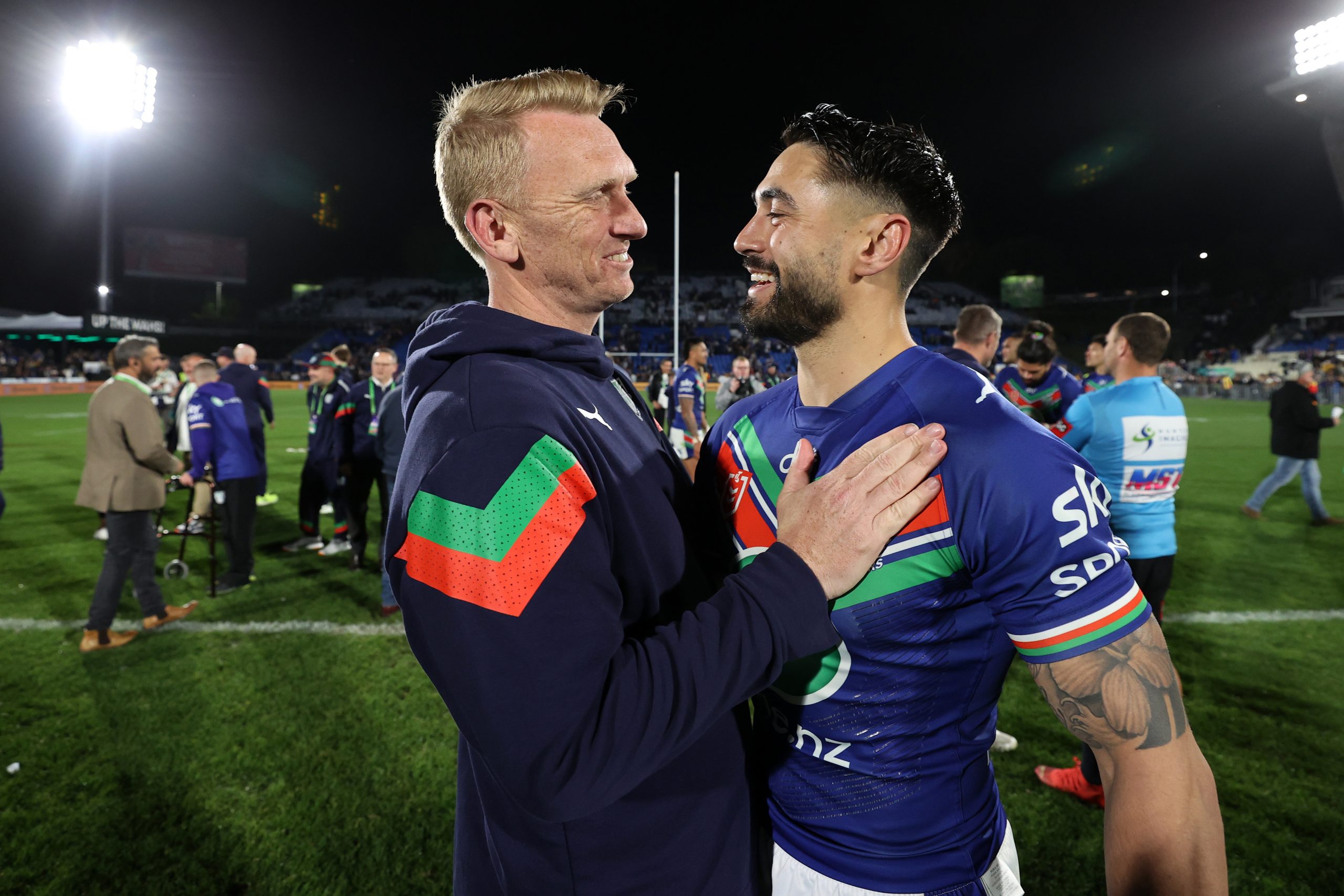 Warriors coach Andrew Webster (left) and halfback Shaun Johnson.