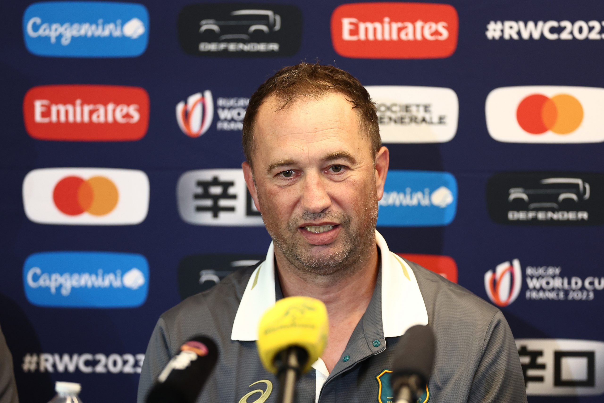 Wallabies assistant coach Pierre-Henry Broncan speaks to the media at Stade Roger Baudras.