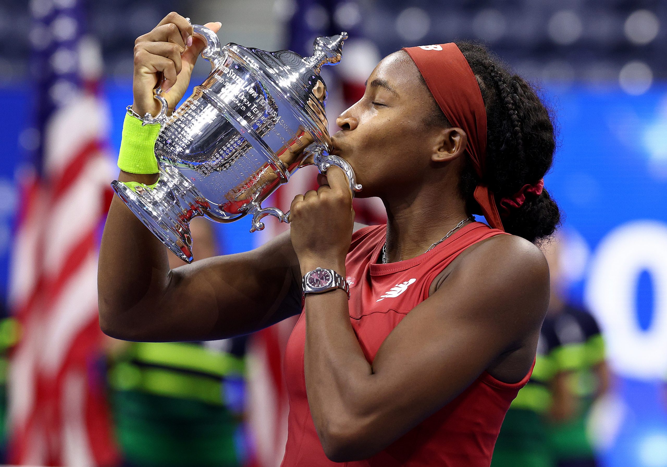 Coco Gauff of the United States celebrates after defeating Aryna Sabalenka of Belarus in their Women's Singles Final match on Day Thirteen of the 2023 US Open at the USTA Billie Jean King National Tennis Center on September 09, 2023 in the Flushing neighborhood of the Queens borough of New York City. (Photo by Elsa/Getty Images)