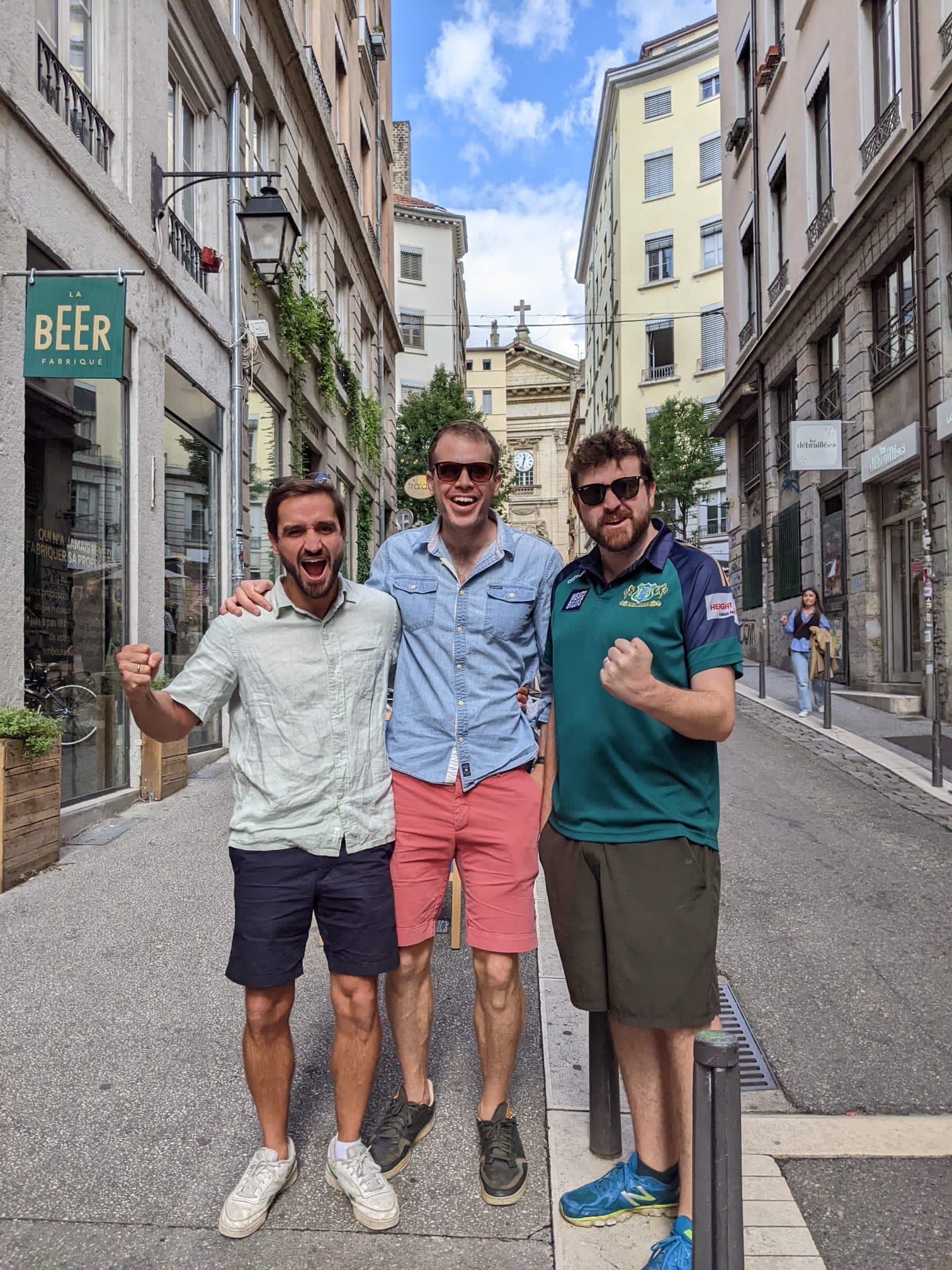 Wallabies fans Bas Pelly, Marty Perkins and Sean Cahill live it up at the Rugby World Cup in France.