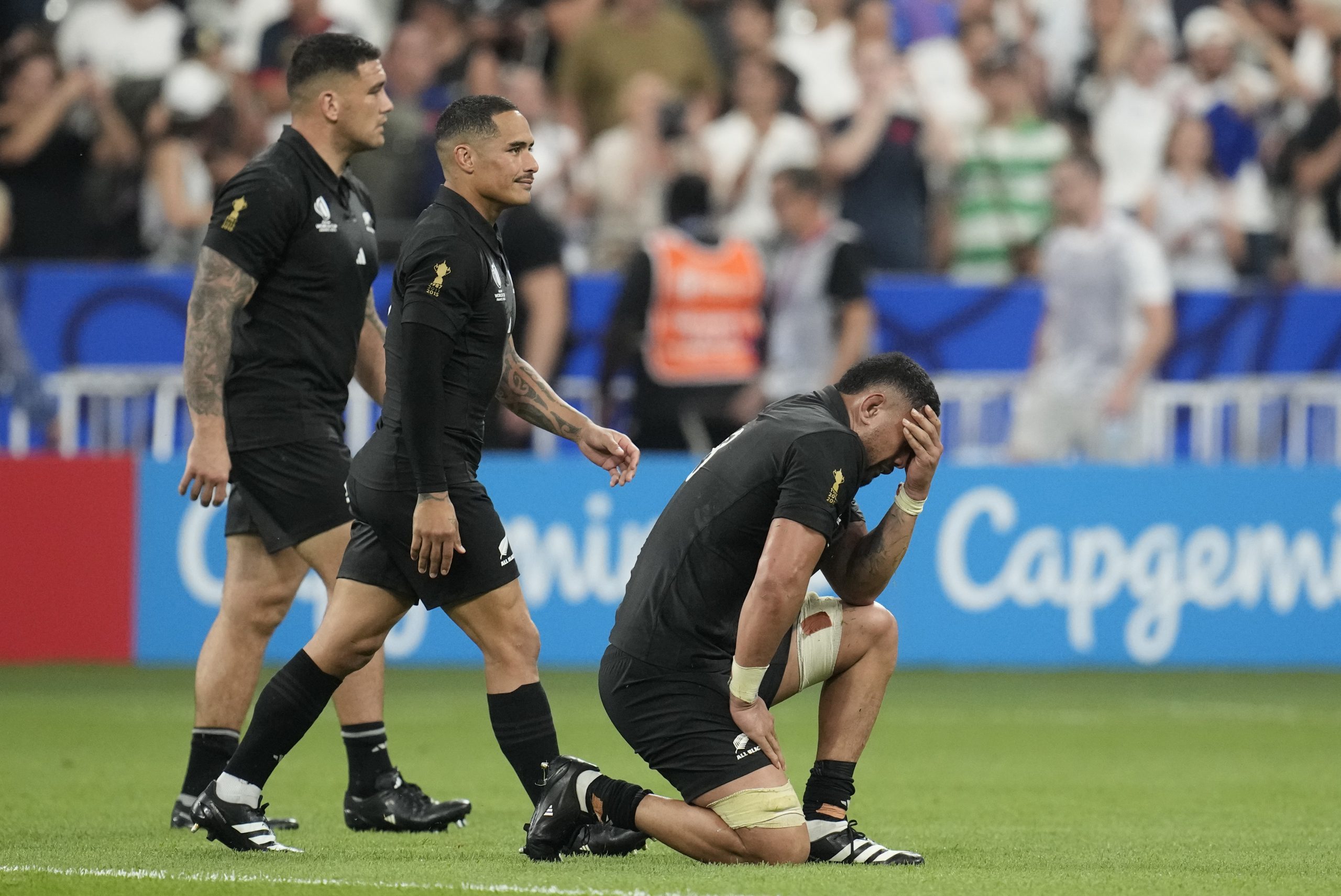 New Zealand's Ardie Savea drops to his knees after the All Blacks lost to France.
