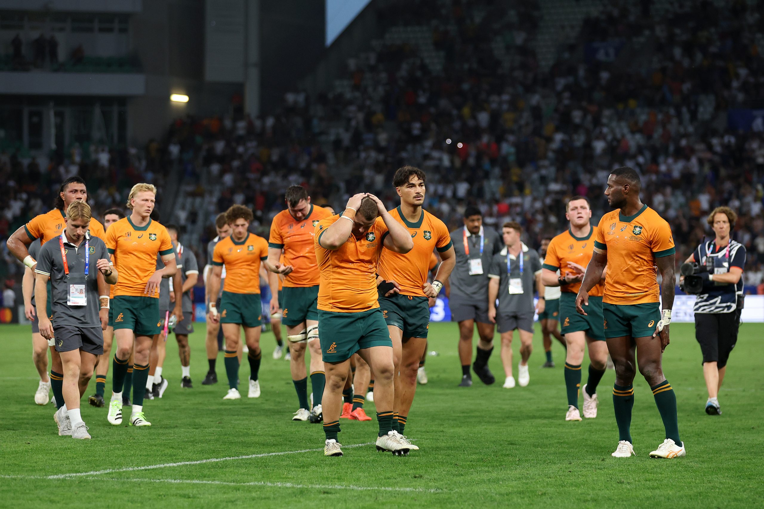 The Wallabies after their loss to Fiji in their second pool match at the Rugby World Cup.