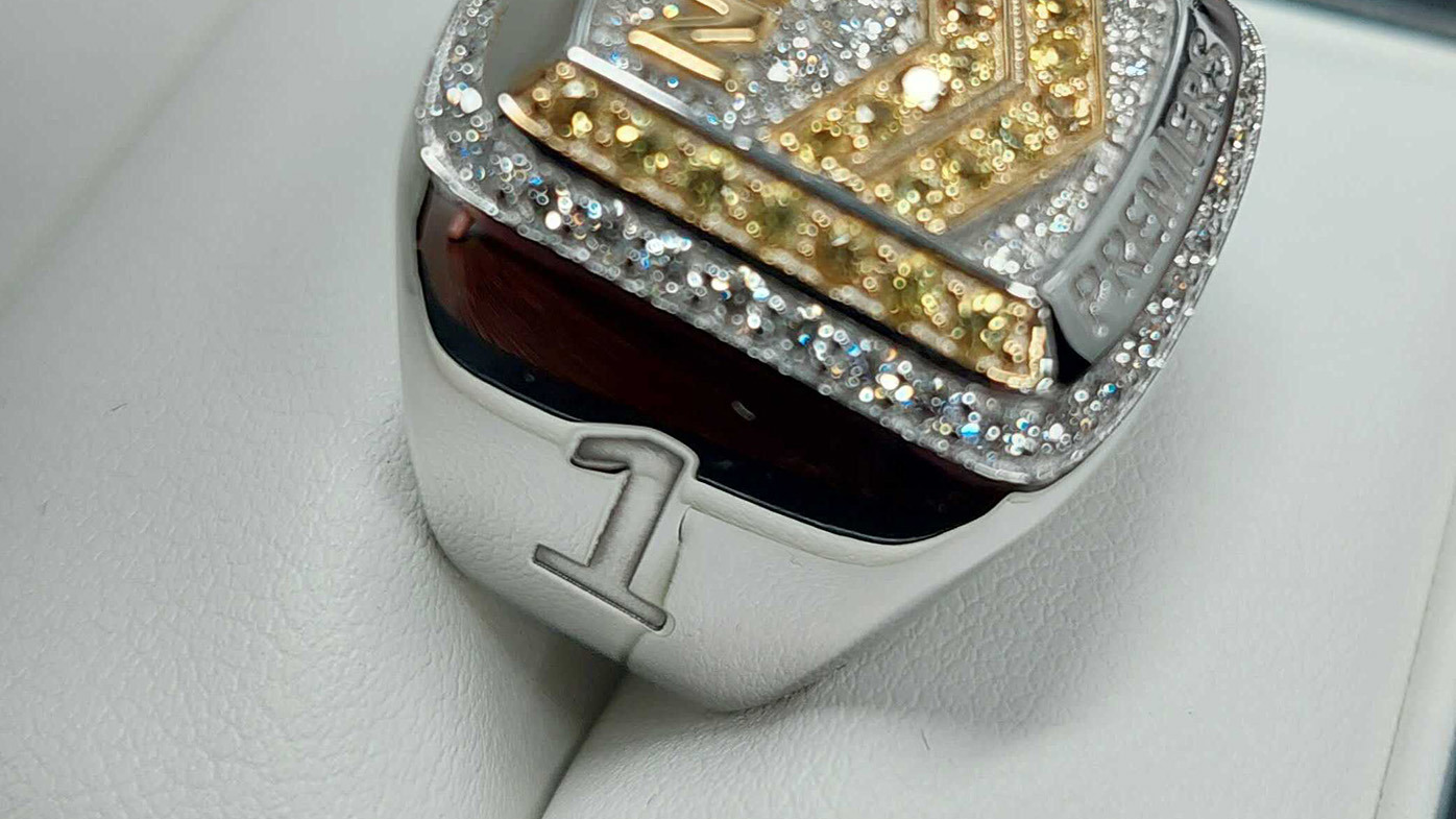 A side view of the 2023 NRL premiership ring. This will belong to either Dylan Edwards or Reece Walsh after the match.