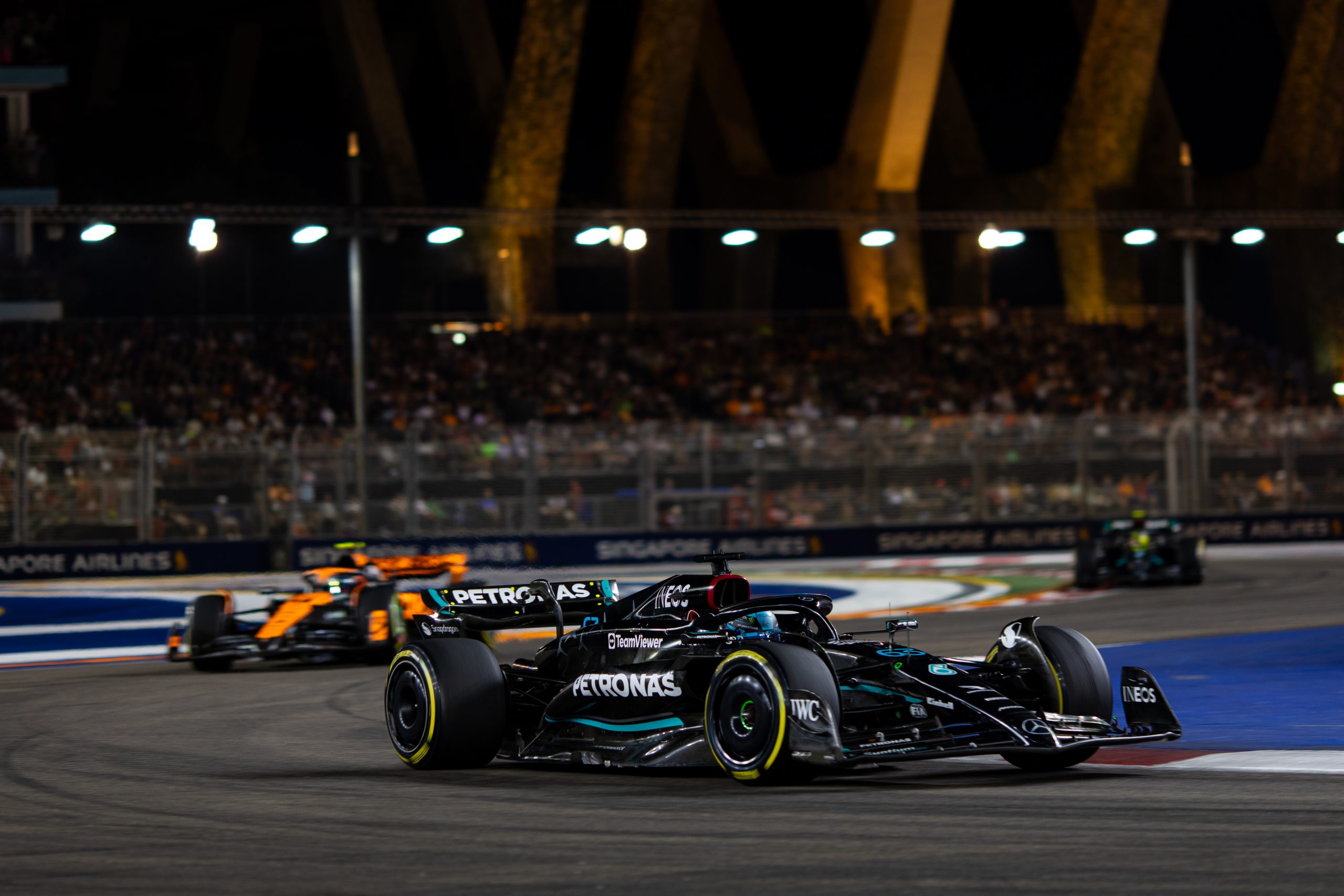 George Russell of Great Britain and Mercedes AMG during the F1 Grand Prix of Singapore at Marina Bay Street Circuit on September 17, 2023 in Singapore, Singapore. (Photo by Kym Illman/Getty Images)