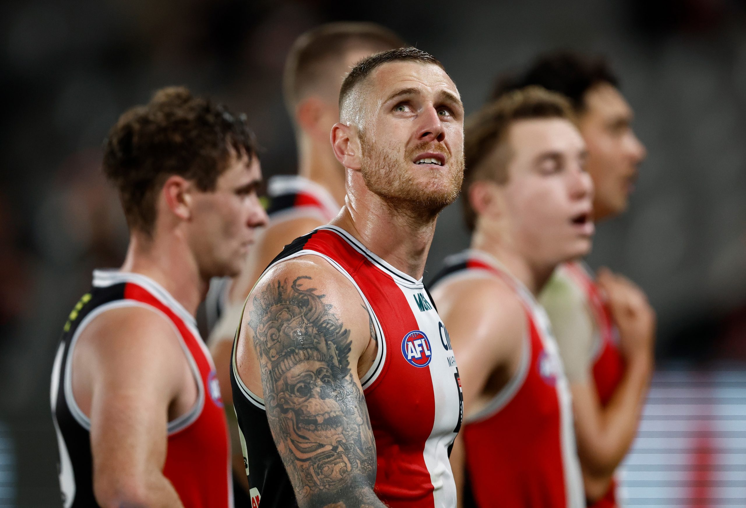 MELBOURNE, AUSTRALIA - APRIL 28: Tim Membrey of the Saints looks dejected after a loss during the 2023 AFL Round 07 match between the St Kilda Saints and the Port Adelaide Power at Marvel Stadium on April 28, 2023 in Melbourne, Australia. (Photo by Michael Wilson/AFL Photos)