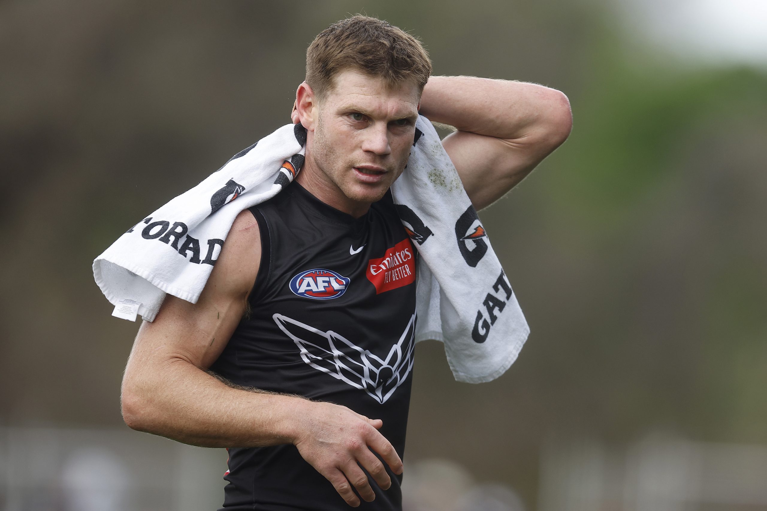 MELBOURNE, AUSTRALIA - SEPTEMBER 20: Taylor Adams of the Magpies looks on during a Collingwood Magpies AFL training session at Olympic Park Oval on September 20, 2023 in Melbourne, Australia. (Photo by Daniel Pockett/Getty Images)