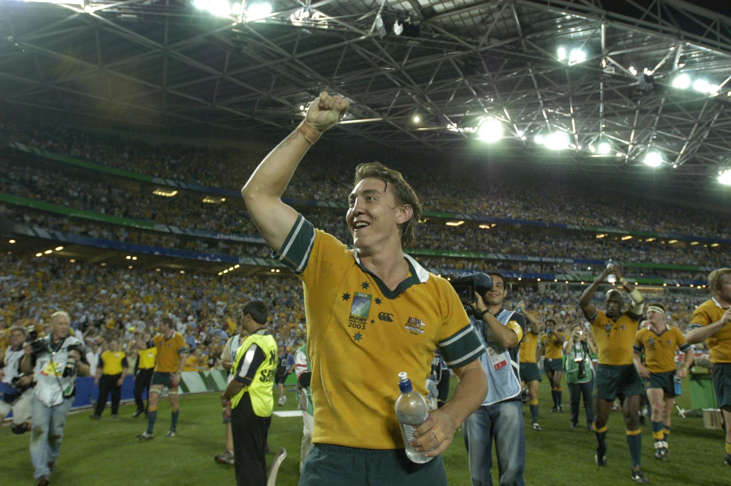 Australia's Mat Rogers celebrates reaching the 2003 Rugby World Cup final.
