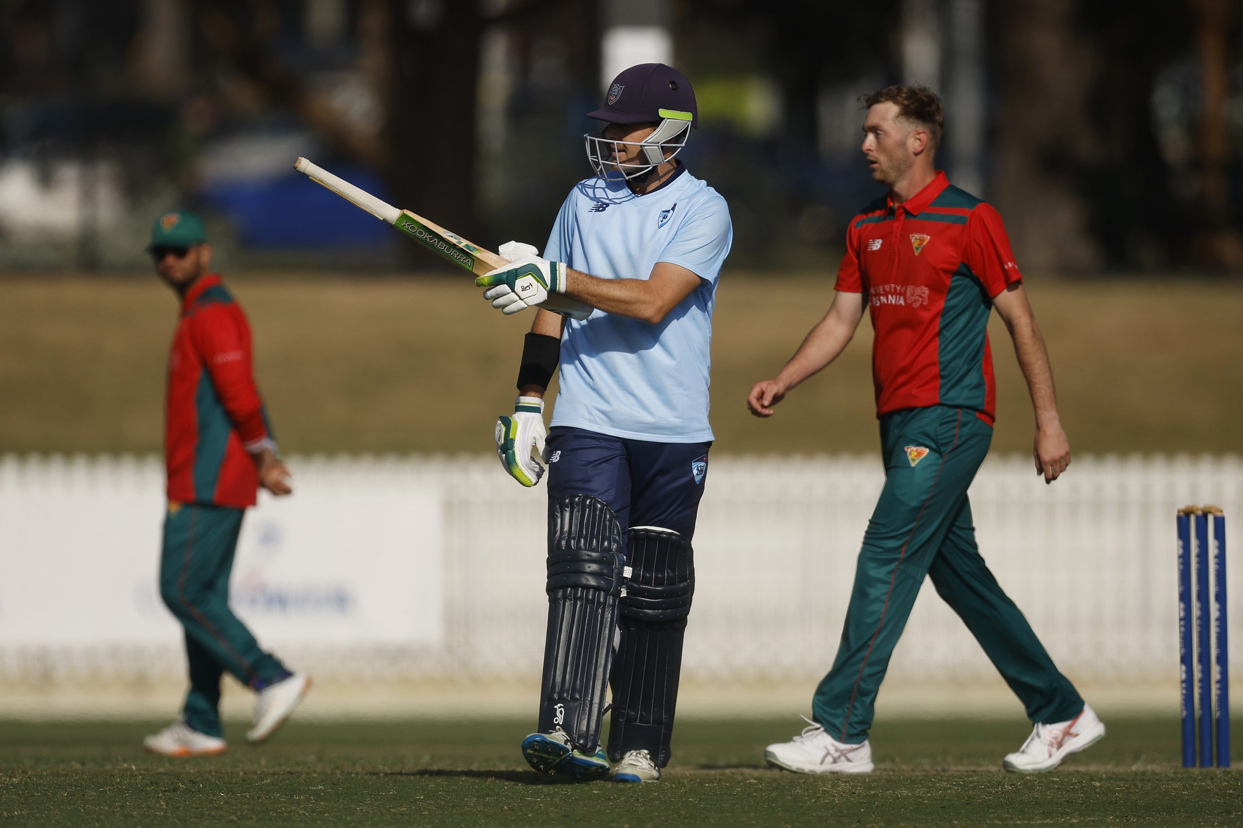 Daniel Hughes of New South Wales raises his bat after making a 50 against Tasmania.