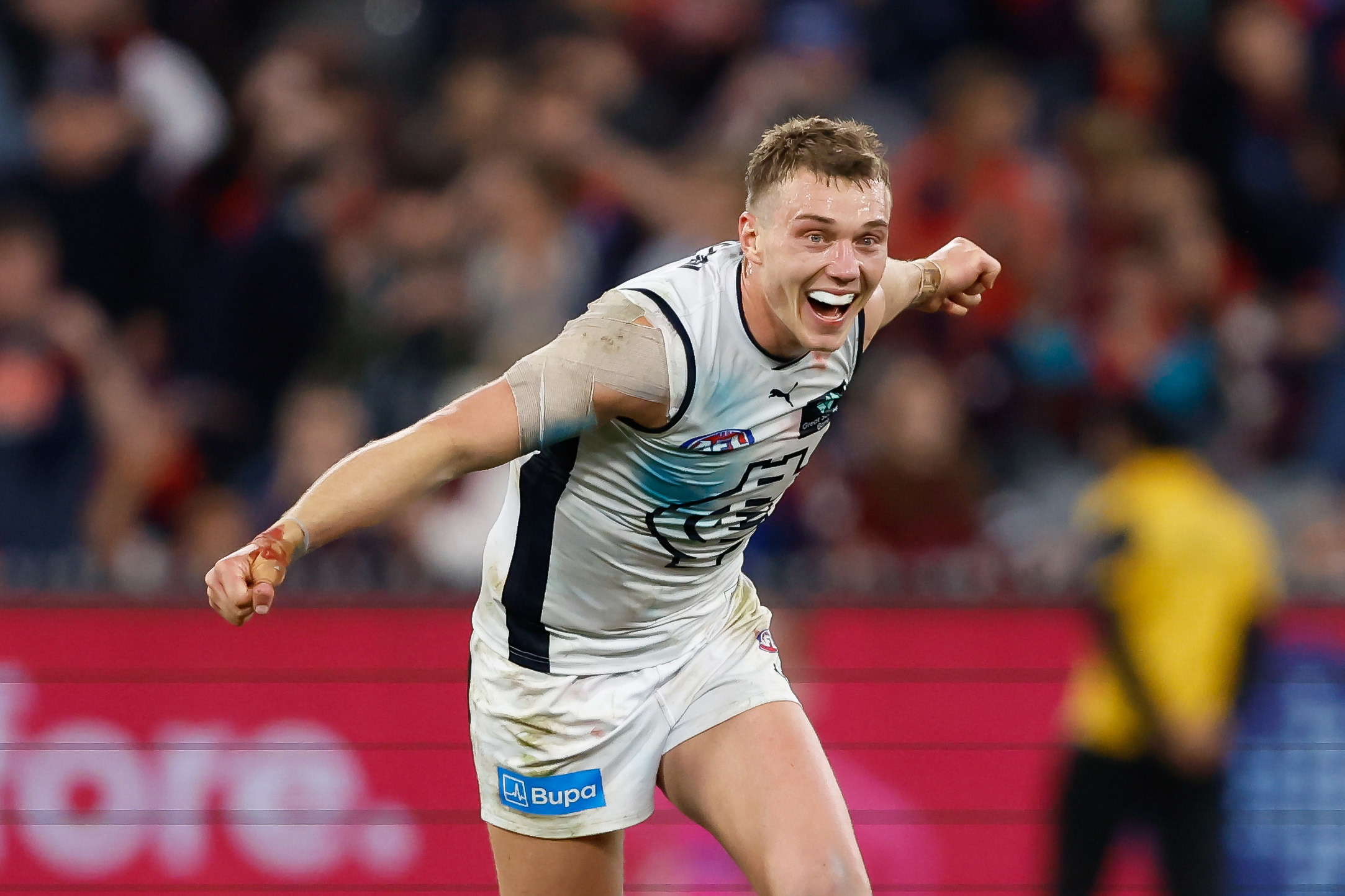 MELBOURNE, AUSTRALIA - SEPTEMBER 15: Patrick Cripps of the Blues reacts after the siren during the 2023 AFL First Semi Final match between the Melbourne Demons and the Carlton Blues at Melbourne Cricket Ground on September 15, 2023 in Melbourne, Australia. (Photo by Dylan Burns/AFL Photos via Getty Images)