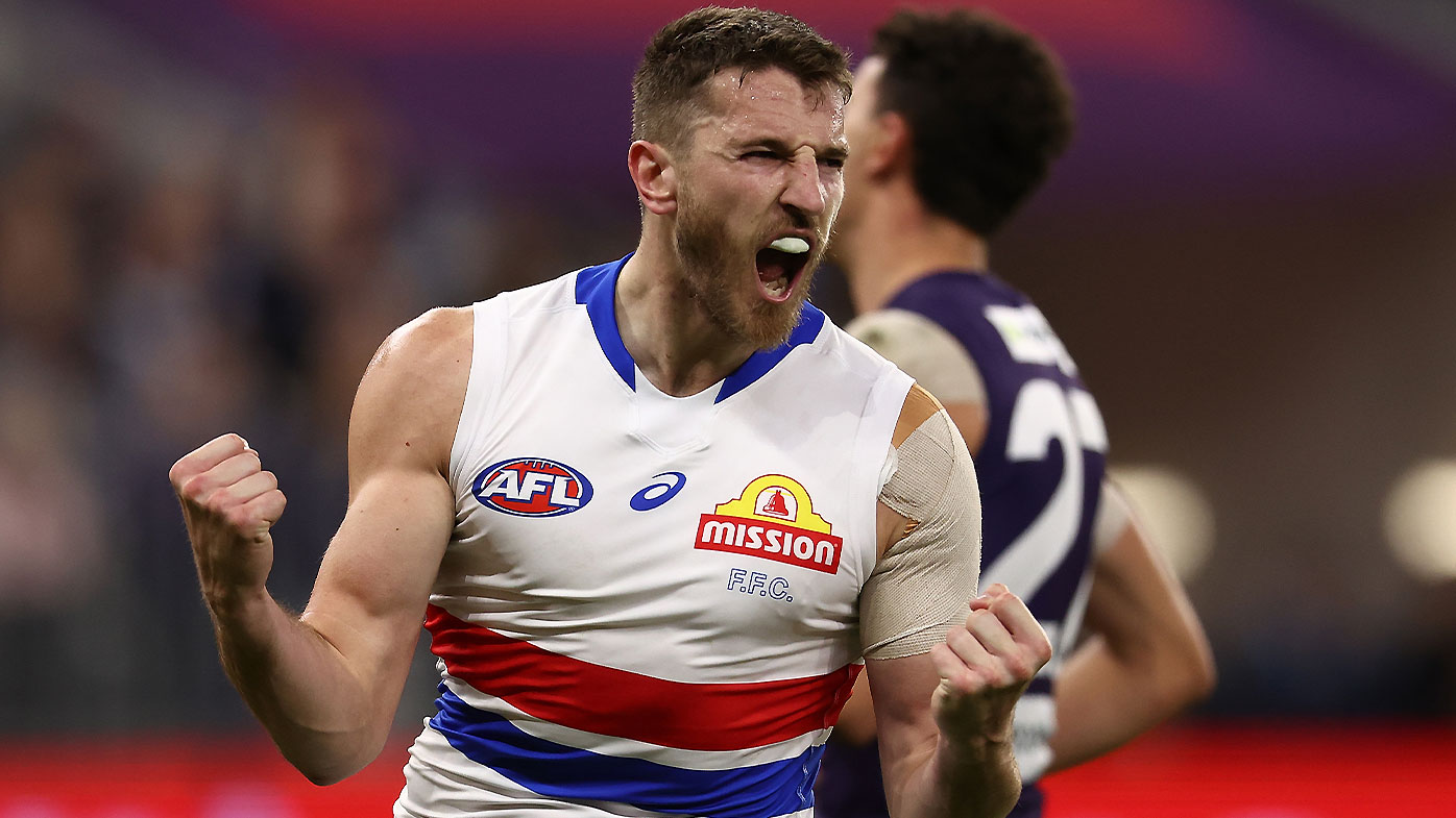 Western Bulldogs captain Marcus Bontempelli celebrates a goal