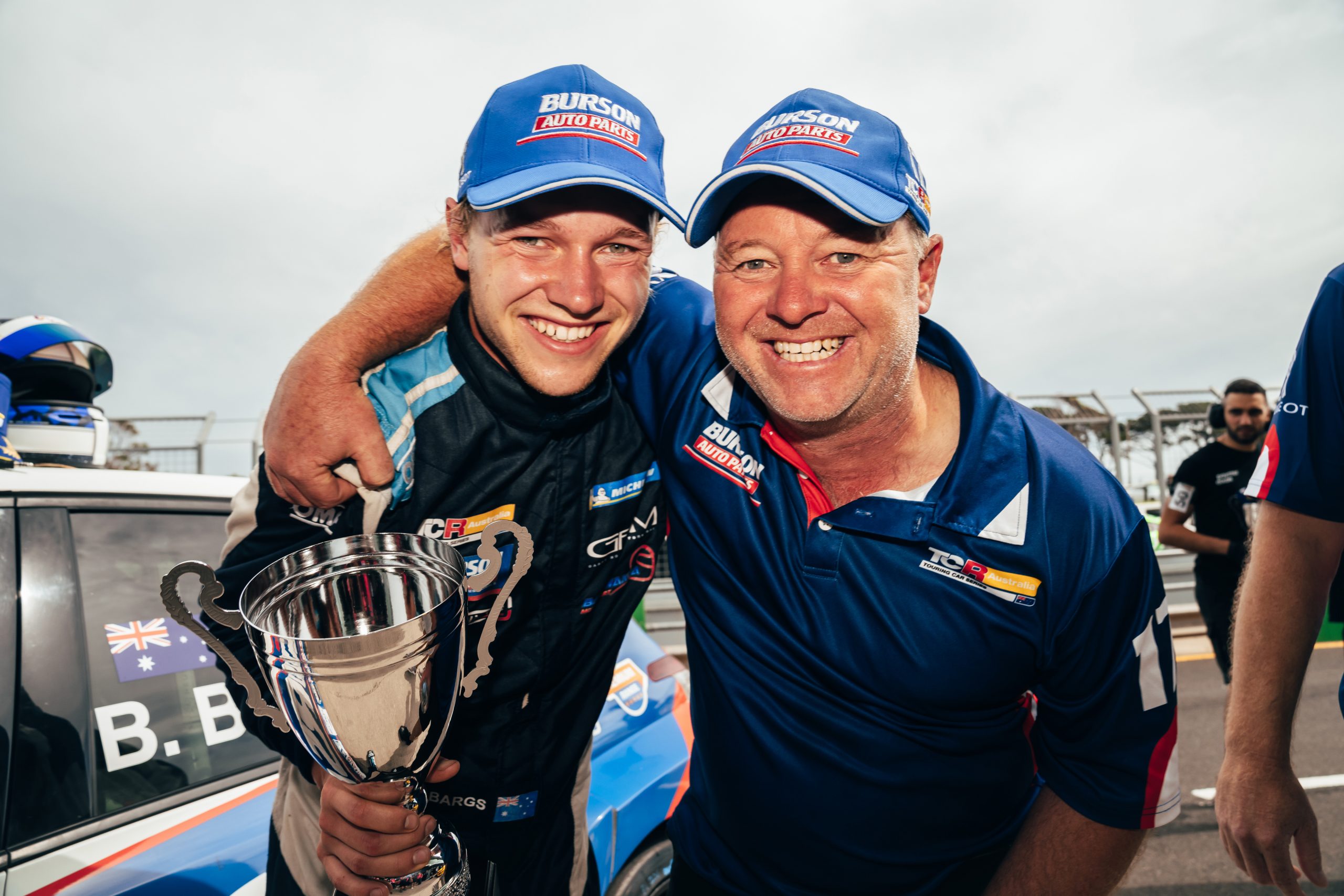 Ben Bargwanna (left) and dad Jason celebrate at Phillip Island.