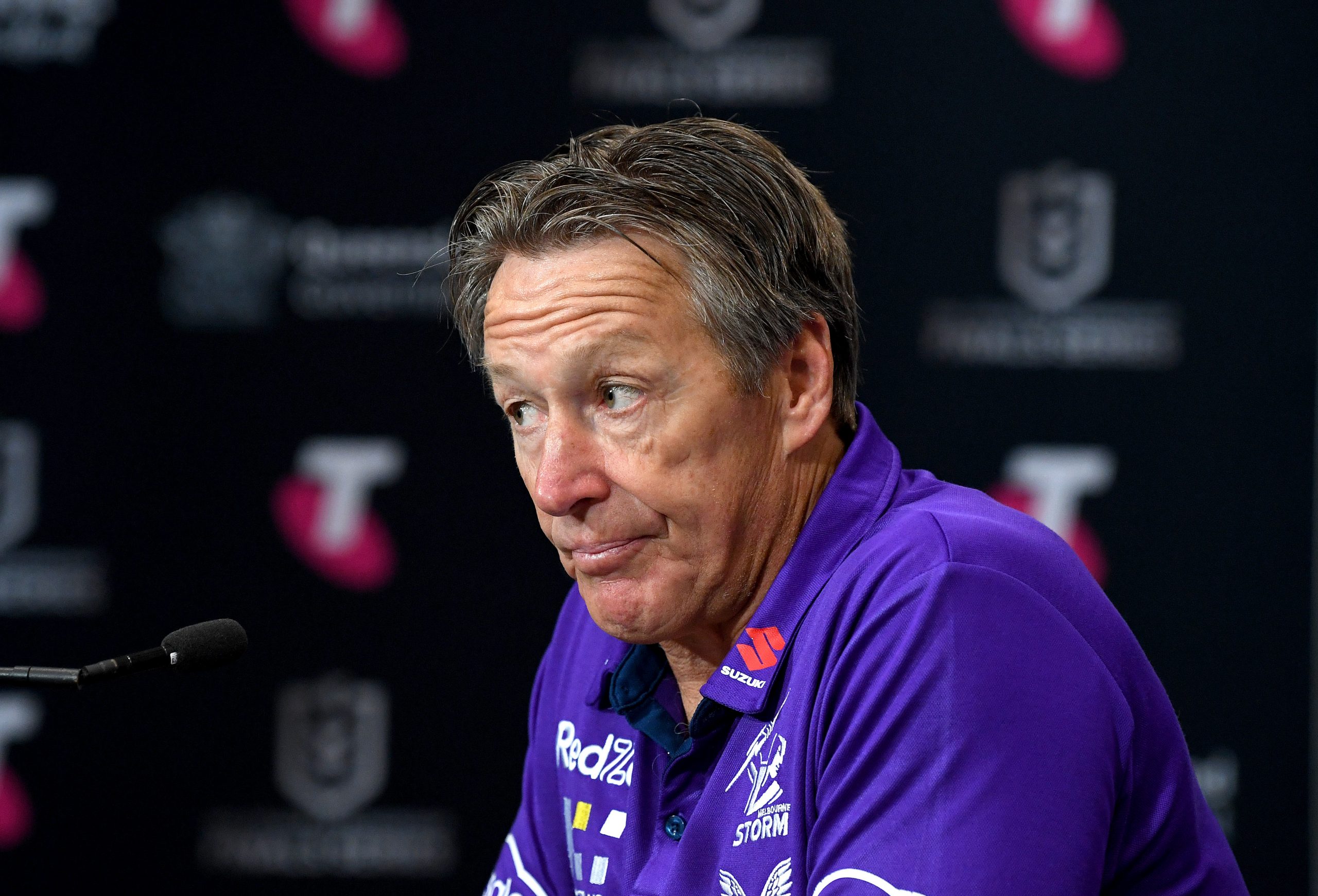 BRISBANE, AUSTRALIA - SEPTEMBER 25: Coach Craig Bellamy of the Storm speaks during a press conference after the NRL Grand Final Qualifier match between the Melbourne Storm and the Penrith Panthers at Suncorp Stadium on September 25, 2021 in Brisbane, Australia. (Photo by Bradley Kanaris/Getty Images)