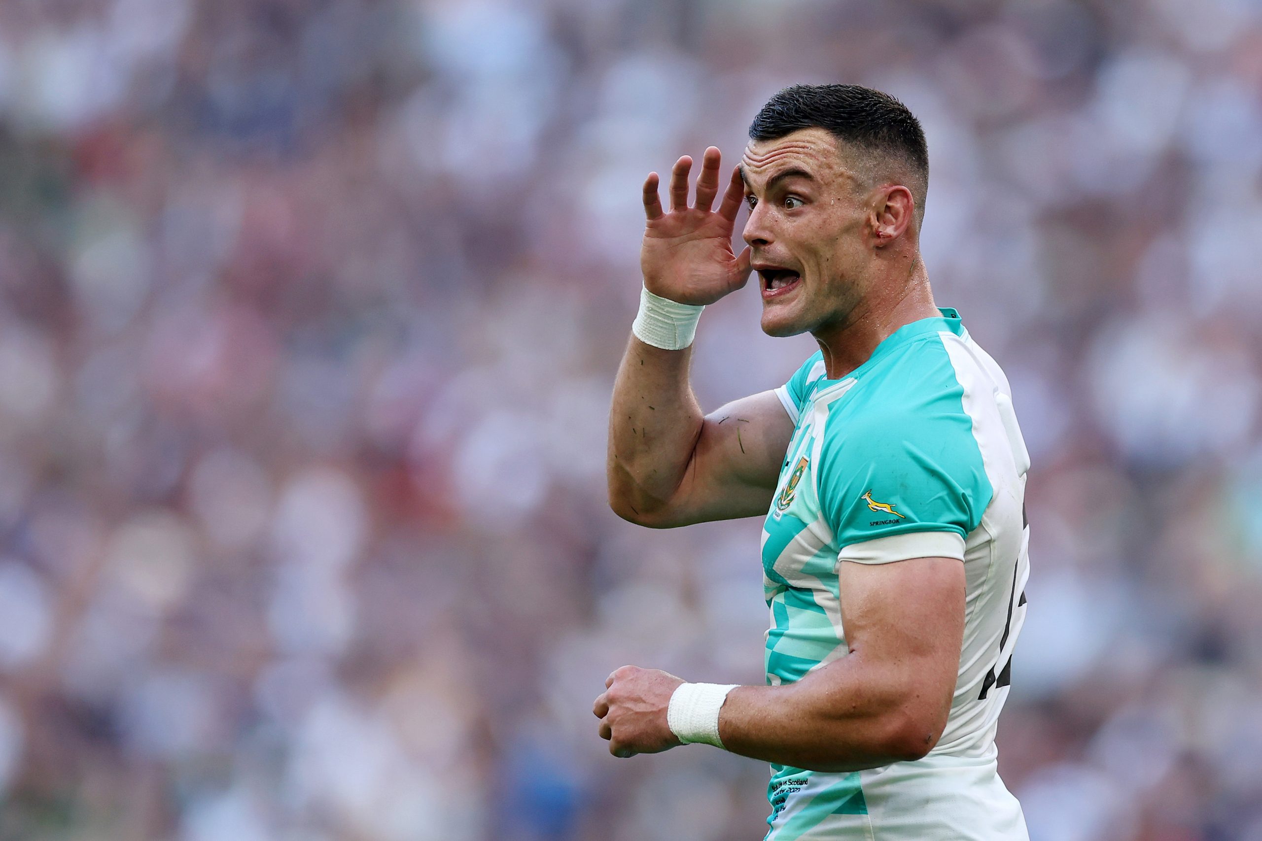Jesse Kriel of South Africa reacts during the Rugby World Cup France 2023 match between South Africa and Scotland at Stade Velodrome