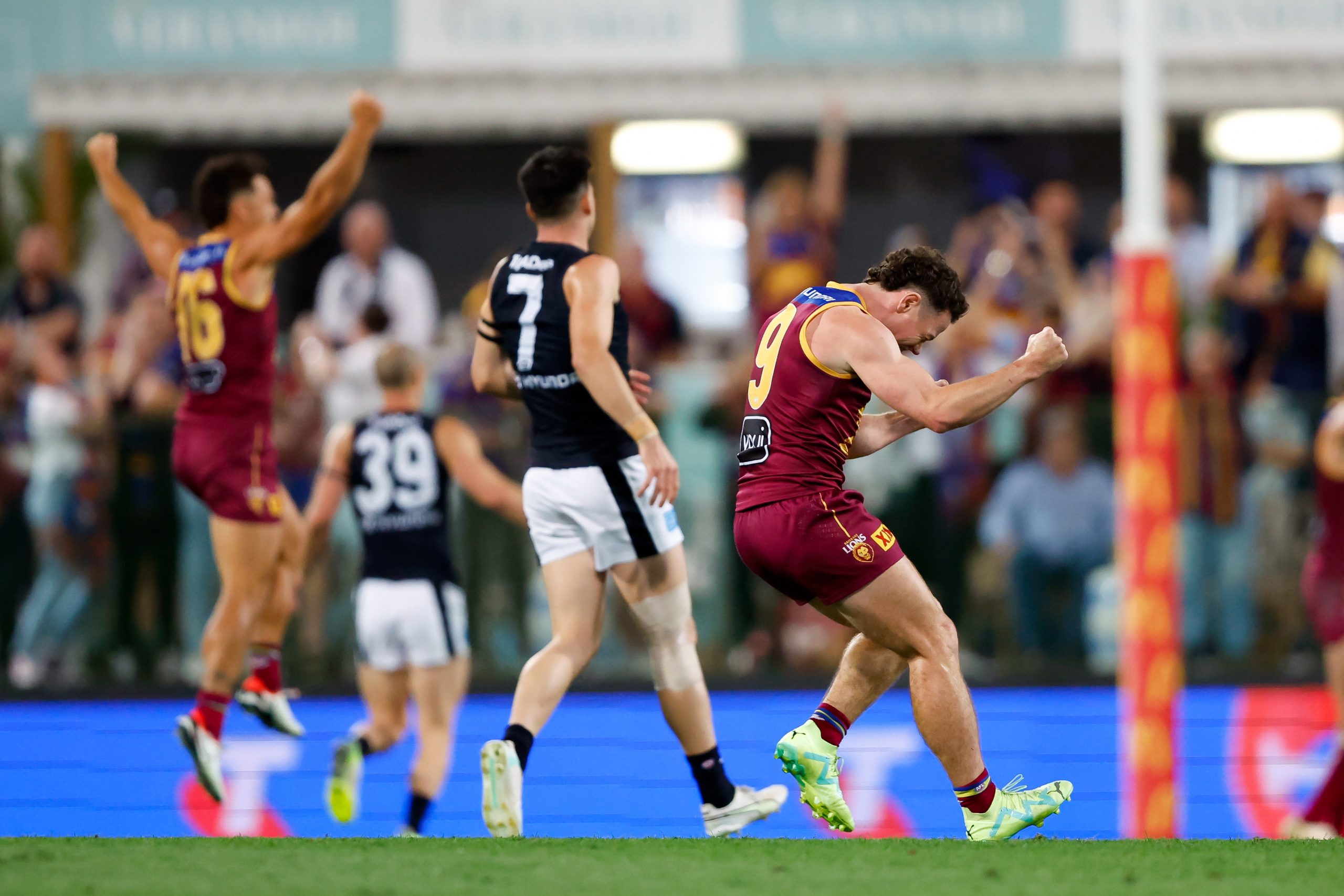 BRISBANE, AUSTRALIA - SEPTEMBER 23: Lachie Neale of the Lions celebrates after the siren during the 2023 AFL Second Preliminary Final match between the Brisbane Lions and the Carlton Blues at The Gabba on September 23, 2023 in Brisbane, Australia. (Photo by Dylan Burns/AFL Photos via Getty Images)