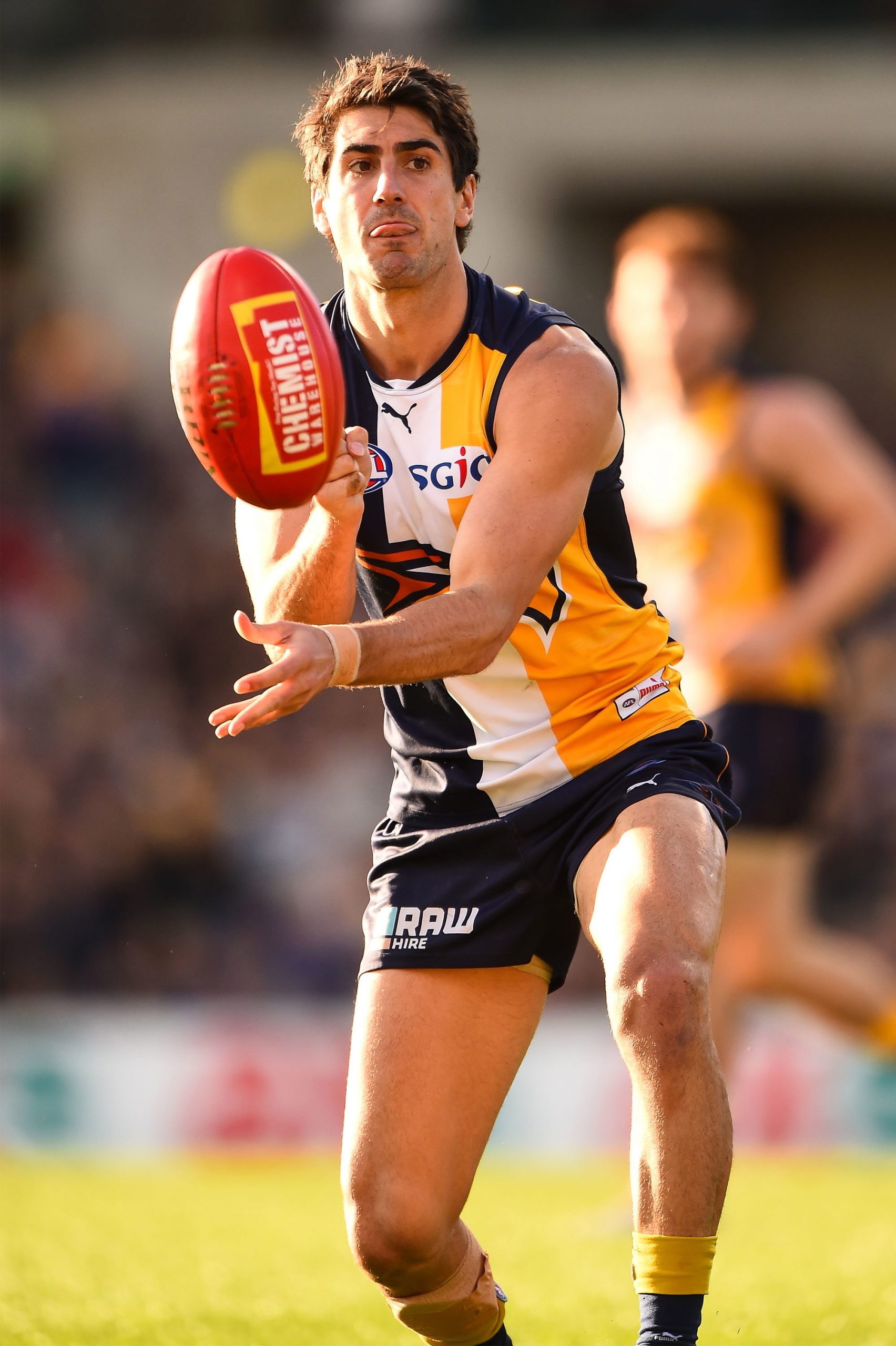 PERTH, AUSTRALIA - AUGUST 23: Matt Rosa of the West Coast Eagles handballs during the 2015 AFL round 21 match between the West Coast Eagles and the Western Bulldogs at Domain Stadium, Perth, Australia on August 23, 2015. (Photo by Daniel Carson/AFL Media/Getty Images)