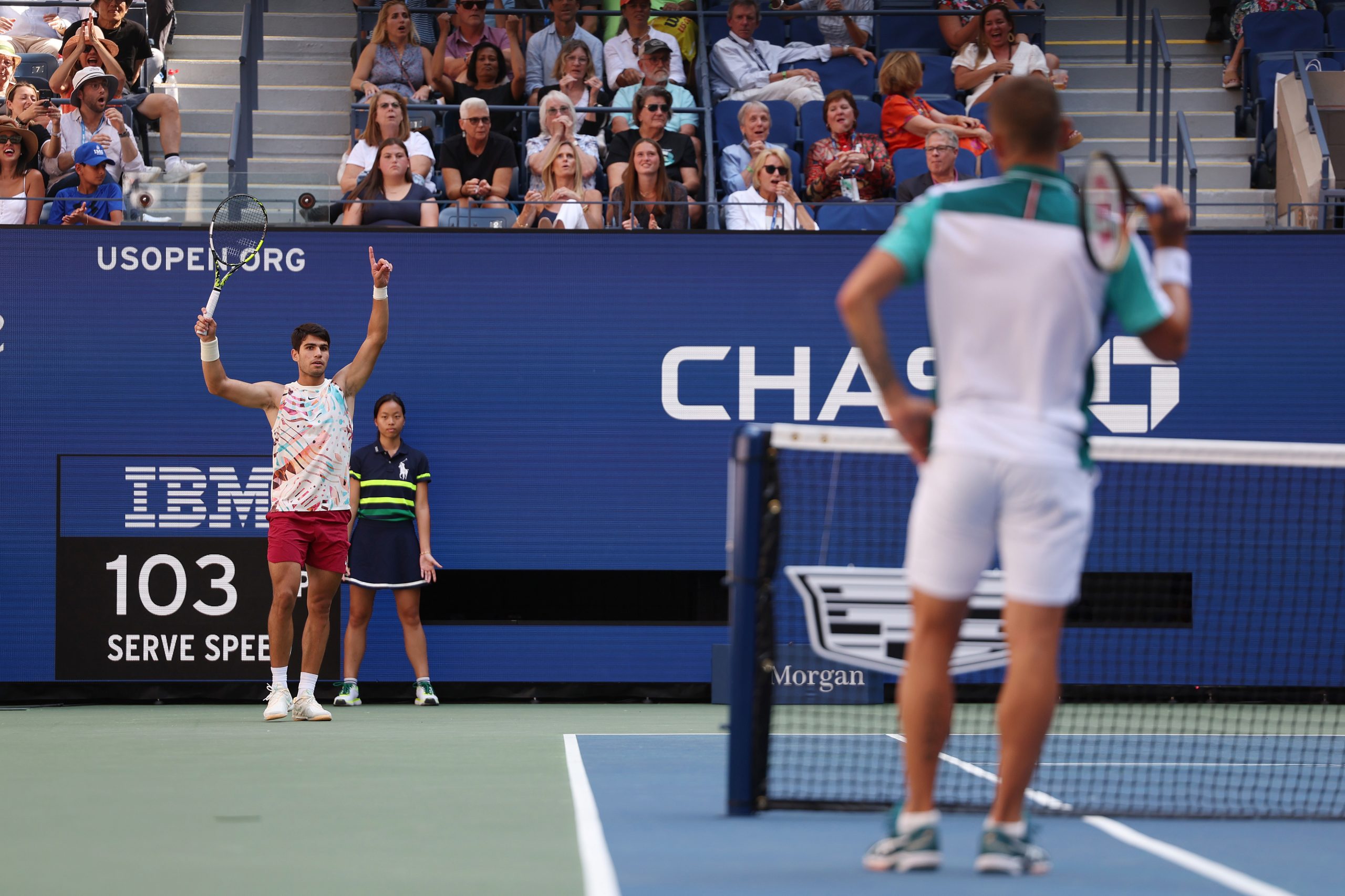 Carlos Alcaraz of Spain celebrates a point against Daniel Evans of Great Britain during their Men's Singles Third Round match on Day Six of the 2023 US Open at the USTA Billie Jean King National Tennis Center on September 02, 2023 in the Flushing neighborhood of the Queens borough of New York City. (Photo by Al Bello/Getty Images)
