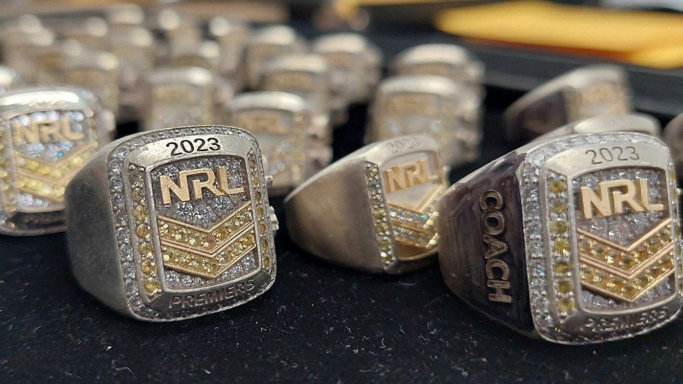 Unveiling of the 2023 NRL and NRLW Premiership rings. These rings are nearly finished. Most of the stones have been inserted, and their next destination is to be buffed and polished.