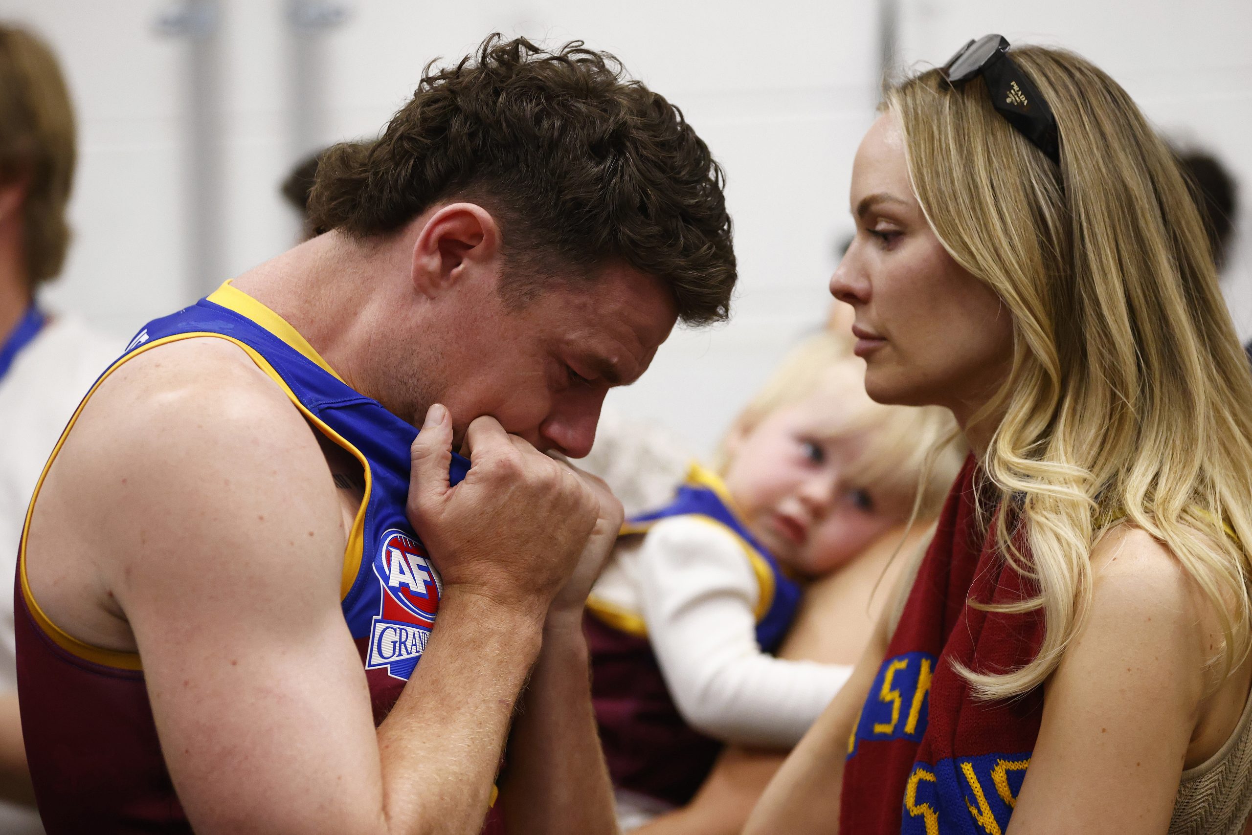 Lachie Neale is heartbroken in the rooms post match.