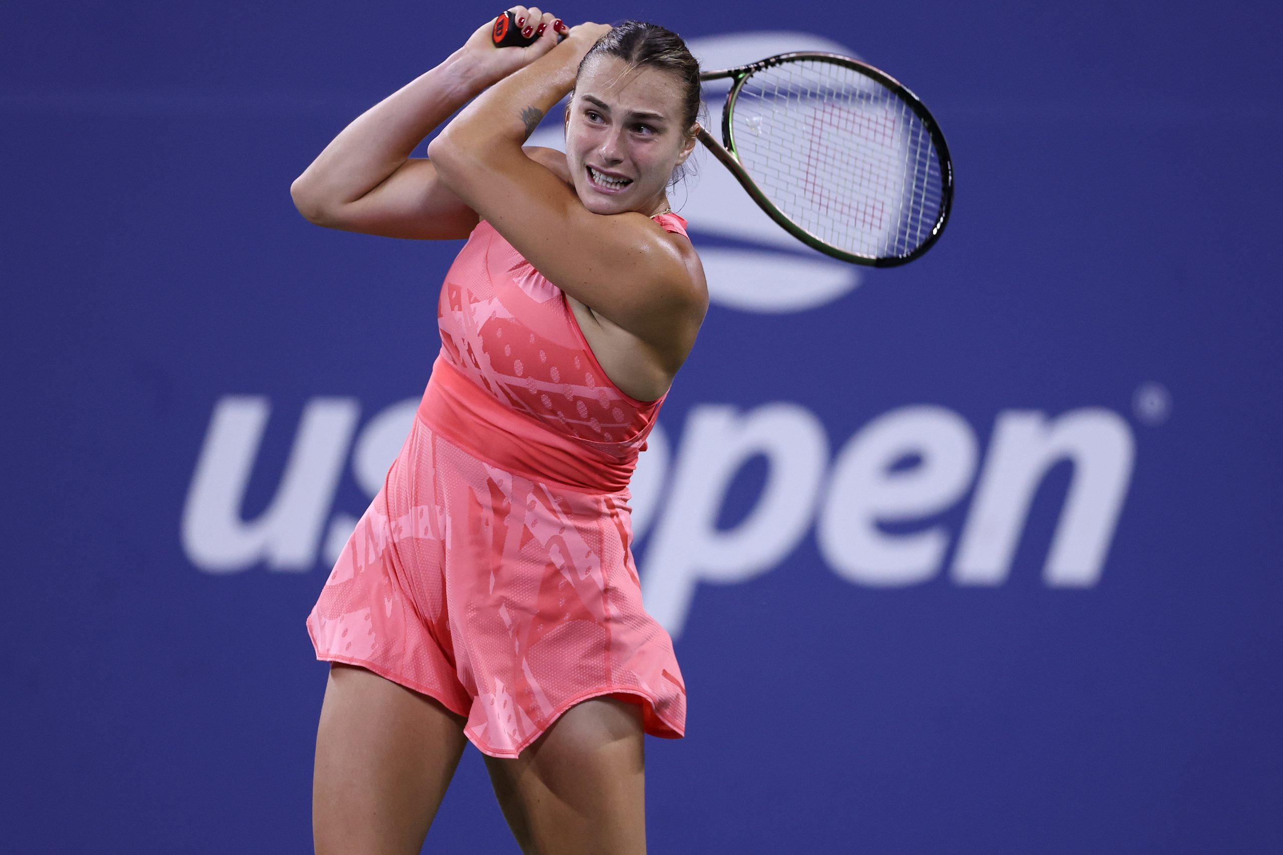 Aryna Sabalenka of Belarus returns a shot against Maryna Zanevska of Belgium.