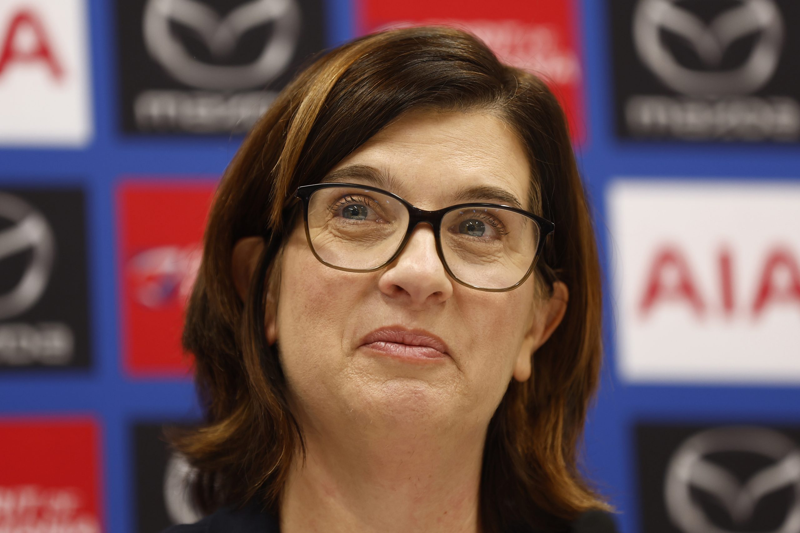 Dr Sonja Hood speaks to the media during a North Melbourne Kangaroos AFL press conference.