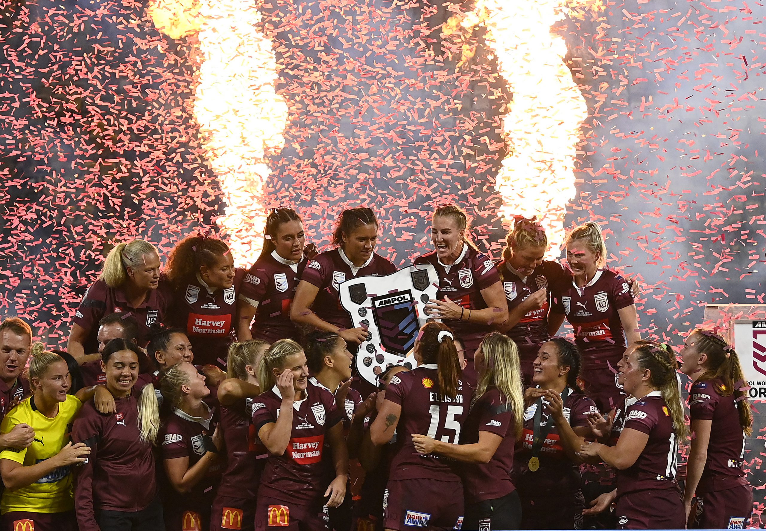 TOWNSVILLE, AUSTRALIA - JUNE 22: Queensland celebrates after winning the series during game two of the women's state of origin series between New South Wales Skyblues and Queensland Maroons at Queensland Country Bank Stadium on June 22, 2023 in Townsville, Australia. (Photo by Ian Hitchcock/Getty Images)