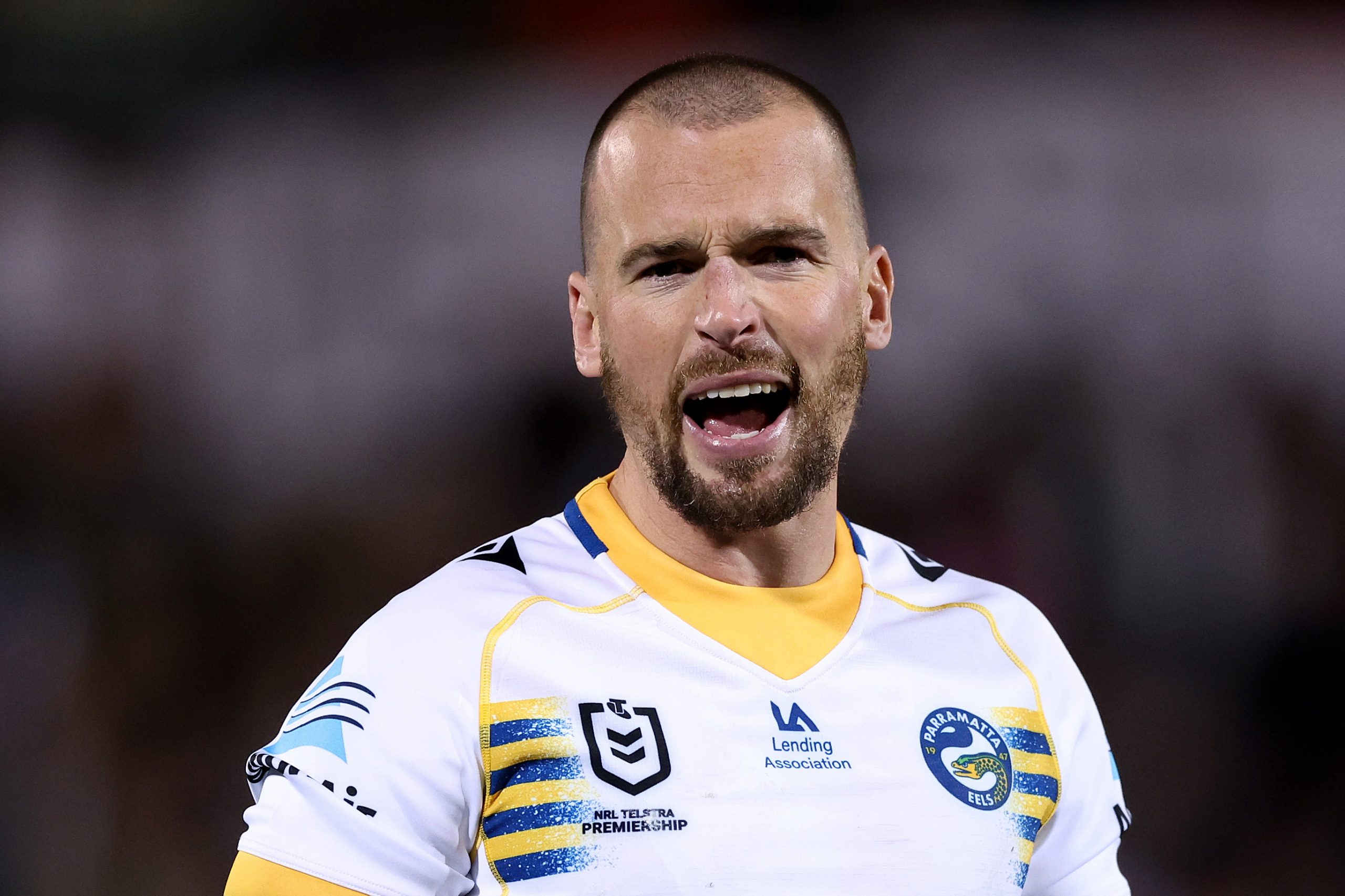 Clint Gutherson of the Eels reacts during the round 26 NRL match between Penrith Panthers and Parramatta Eels at BlueBet Stadium on August 24, 2023 in Penrith, Australia. (Photo by Mark Metcalfe/Getty Images)