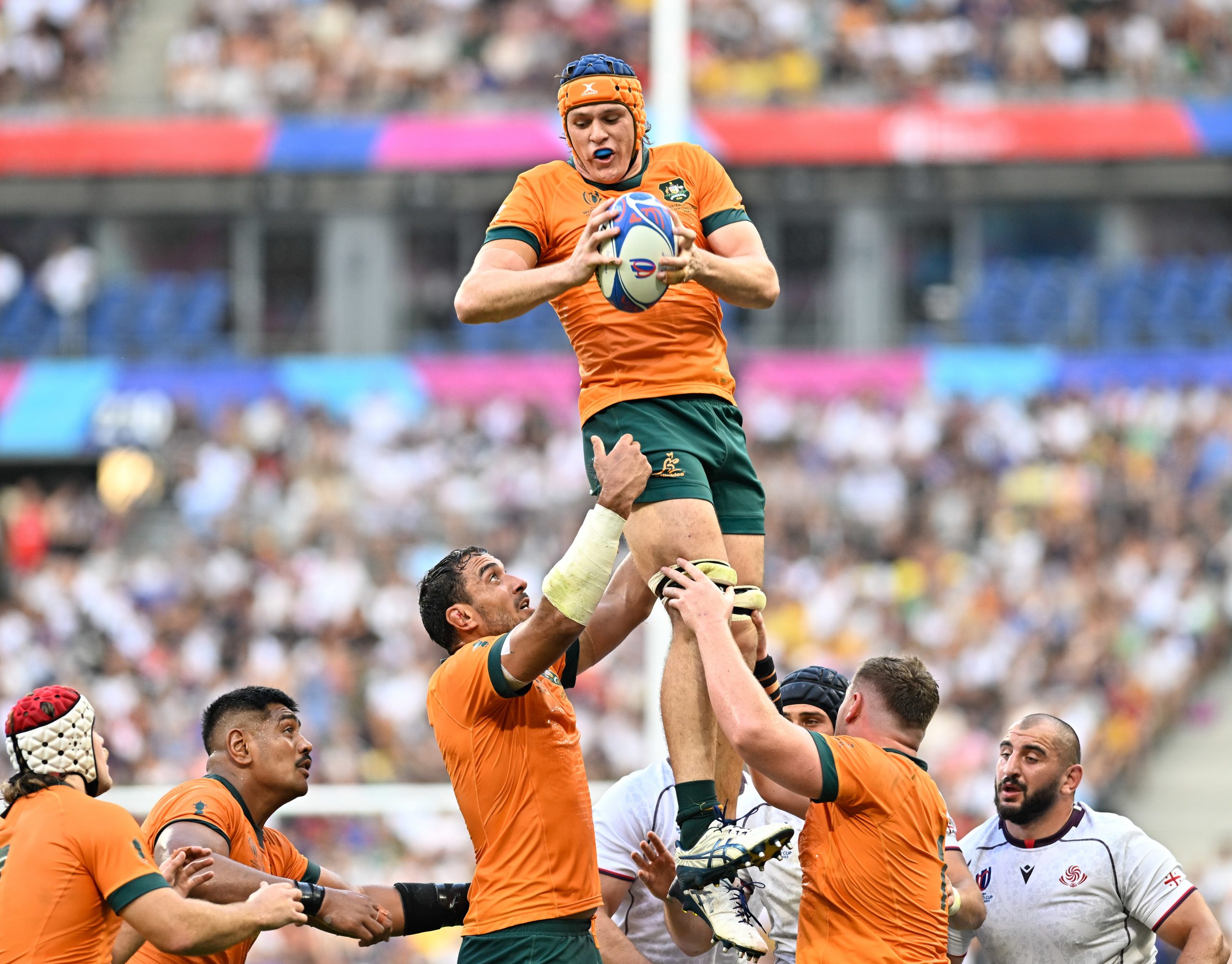 Tom Hooper of Australia wins lineout ball against Georgia at Stade de France.