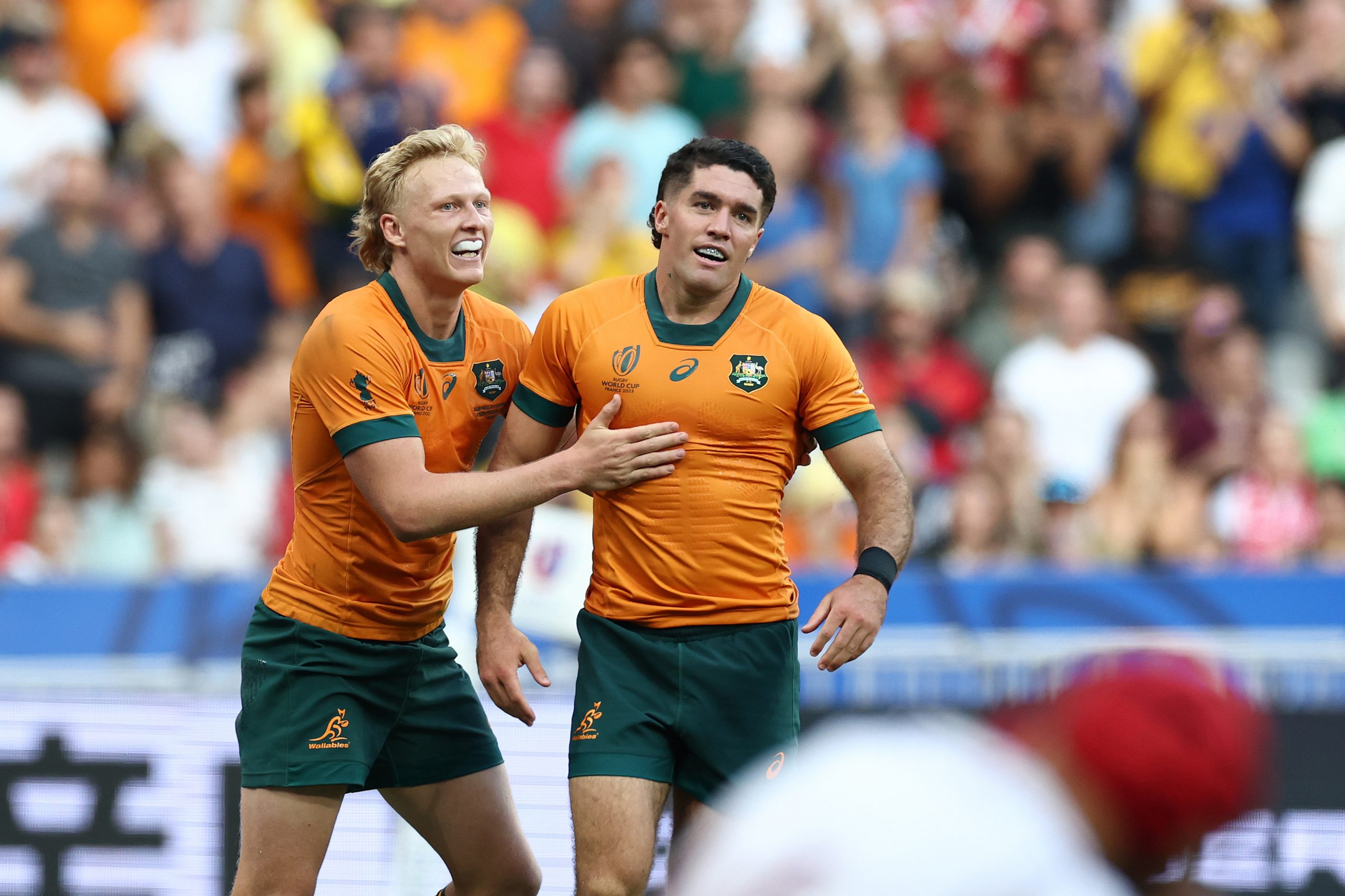 Ben Donaldson of Australia celebrates with Carter Gordon.