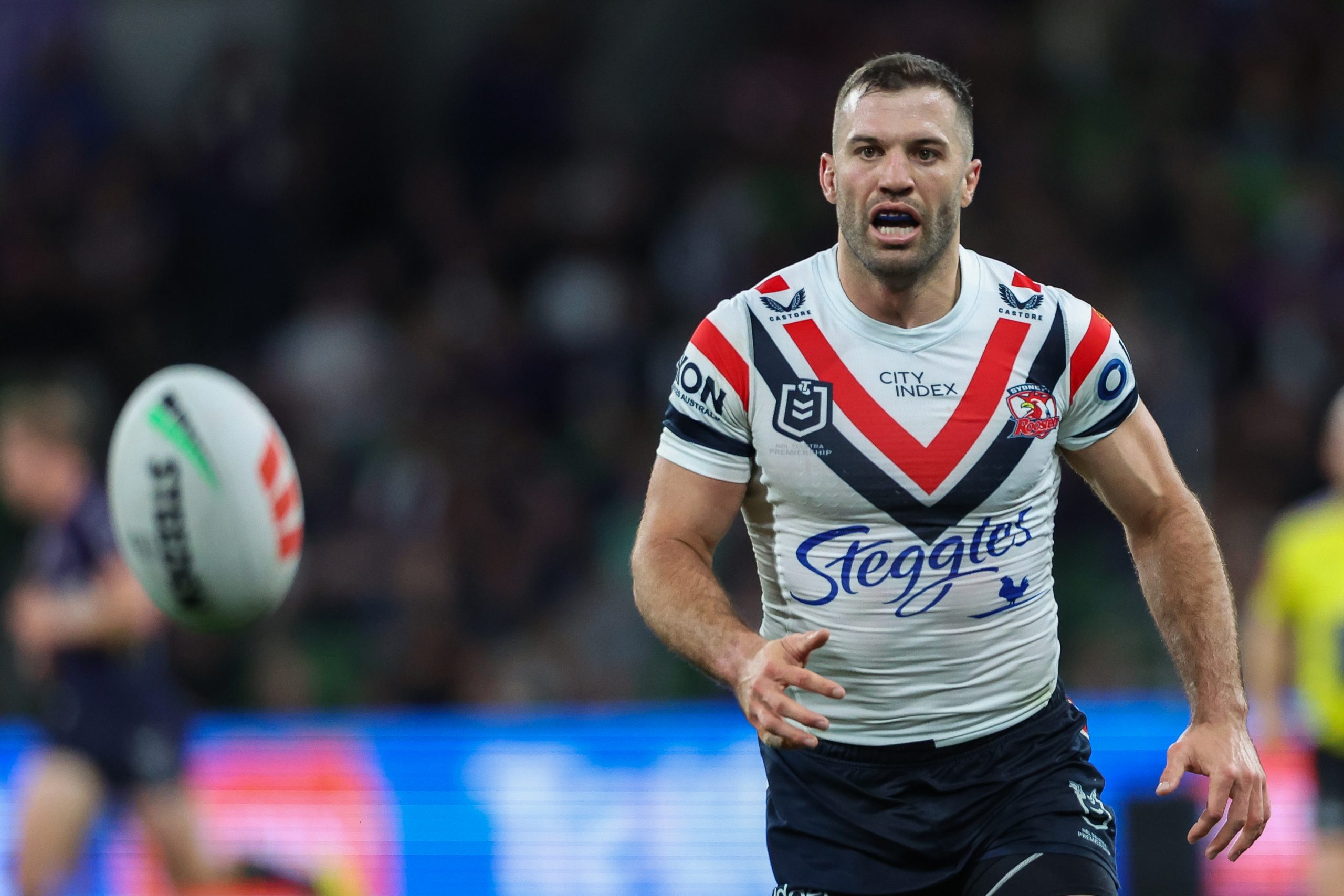 James Tedesco during warm ups for ahead of the semi-final between the Storm and Roosters.