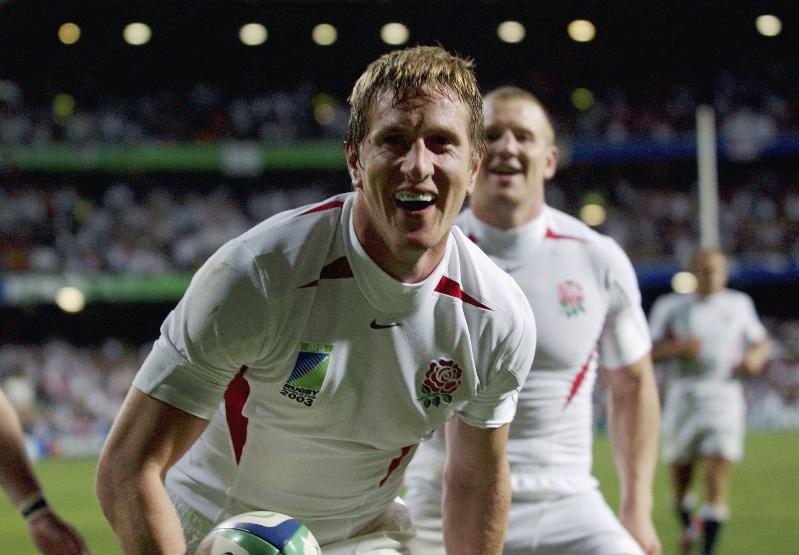 Will Greenwood of England celebrates scoring the winning try against South Africa.