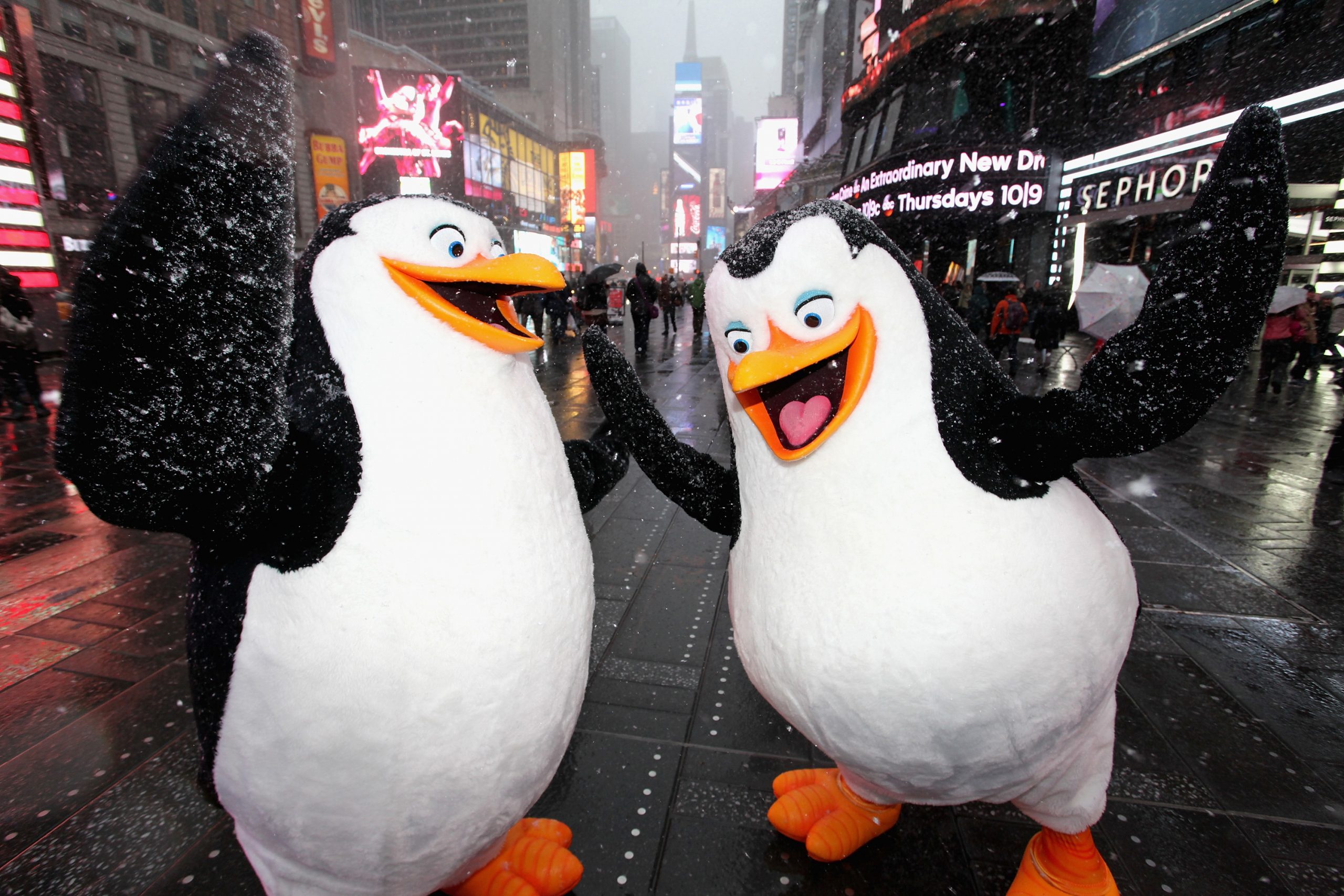 Madagascar stars Skipper and Kowalski at Times Square in New York.