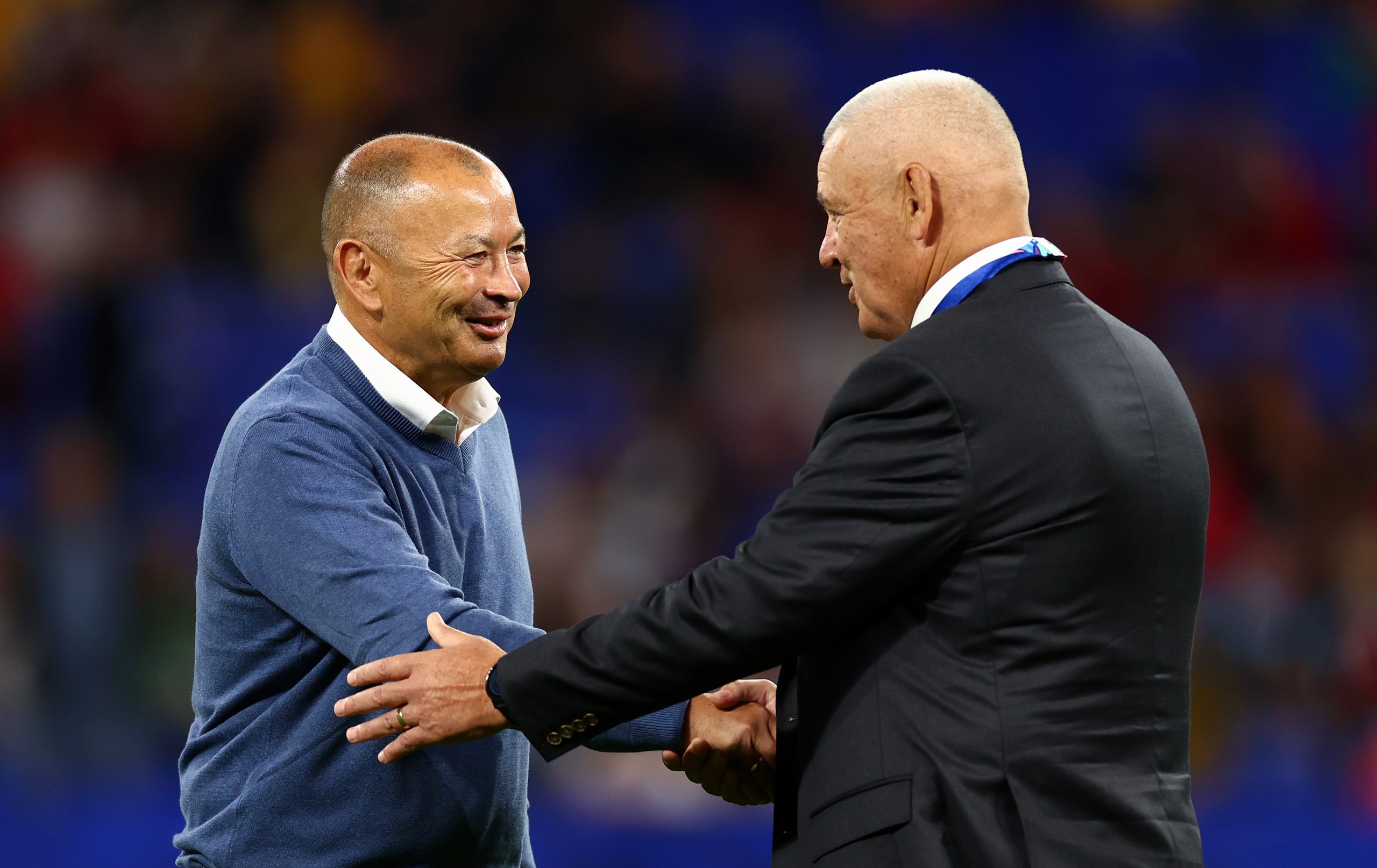 Eddie Jones and Warren Gatland shake hands during the warm up.