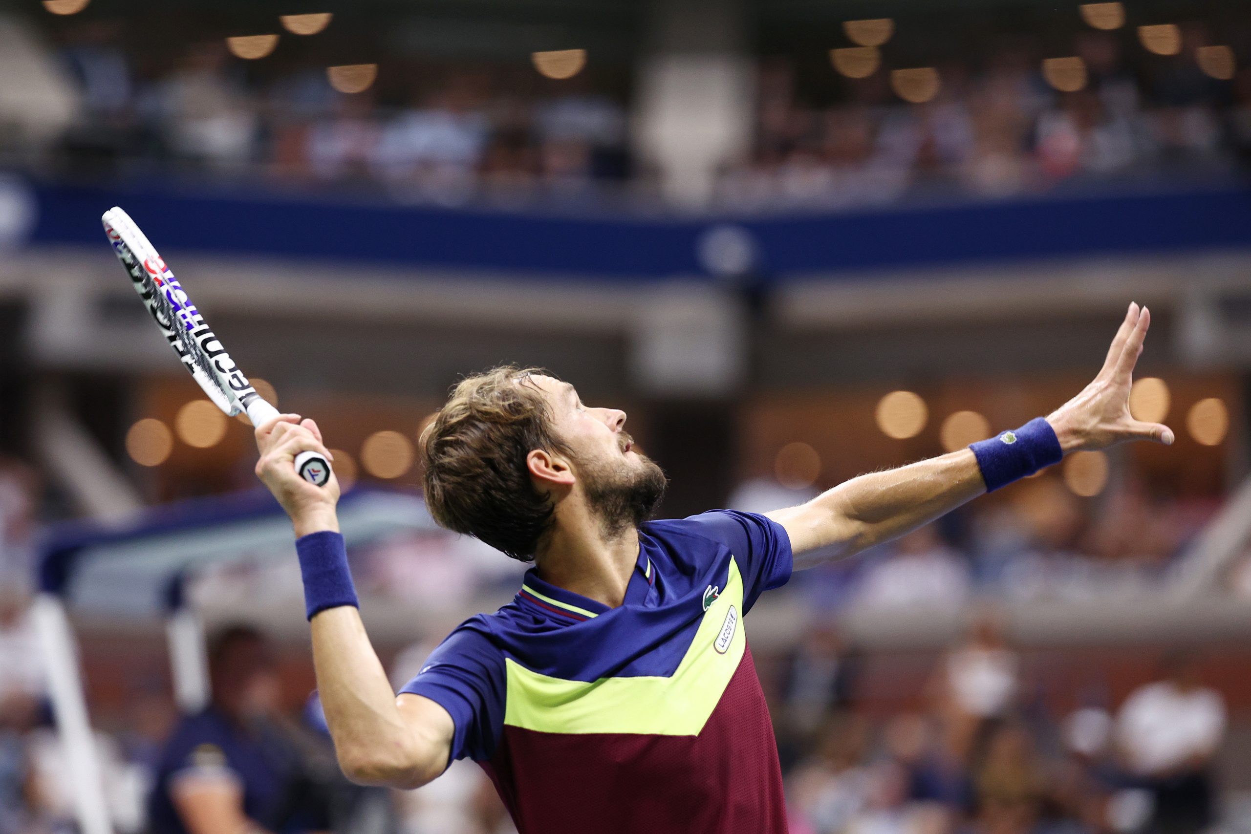 Daniil Medvedev of Russia serves against Novak Djokovic of Serbia during their Men's Singles Final match on Day Fourteen of the 2023 US Open at the USTA Billie Jean King National Tennis Center on September 10, 2023 in the Flushing neighborhood of the Queens borough of New York City. (Photo by Elsa/Getty Images)