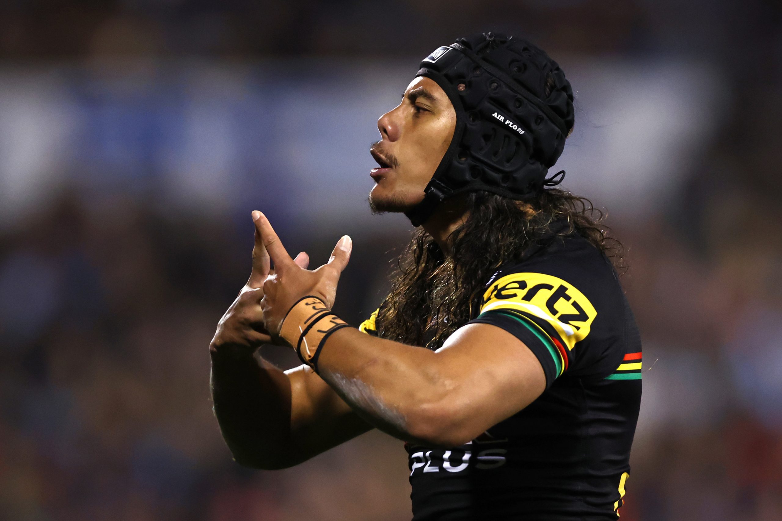 PENRITH, AUSTRALIA - JULY 29: Jarome Luai of the Panthers celebrates scoring a try during the round 22 NRL match between Penrith Panthers and Cronulla Sharks at BlueBet Stadium on July 29, 2023 in Penrith, Australia. (Photo by Jeremy Ng/Getty Images)