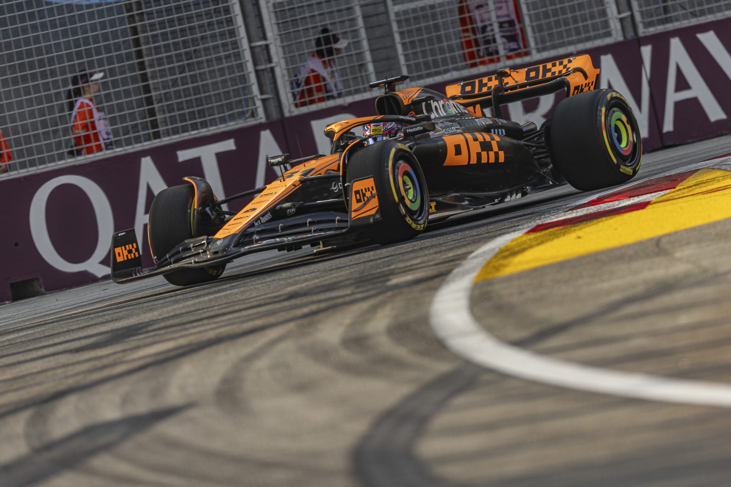 Oscar Piastri of Australia driving the (81) McLaren F1 Team MCL60 Mercedes on track during practice ahead of the F1 Grand Prix of Singapore at Marina Bay Street Circuit on September 15, 2023 in Singapore, Singapore. (Photo by Edmund So/Eurasia Sport Images/Getty Images)