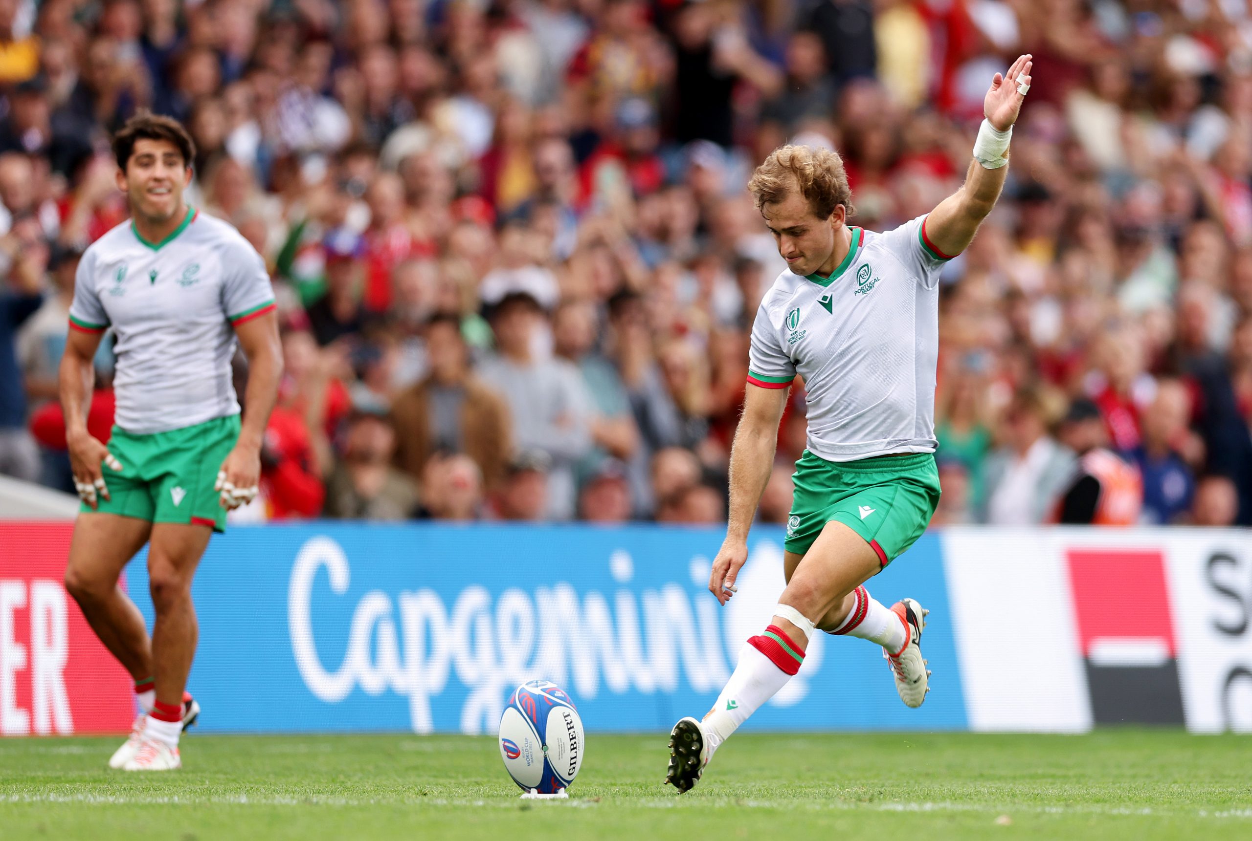 Nuno Sousa Guedes of Portugal doesn't convert their kick after being awarded a penalty, leaving the scoreline at 18-18 at the final whistle against Georgia.