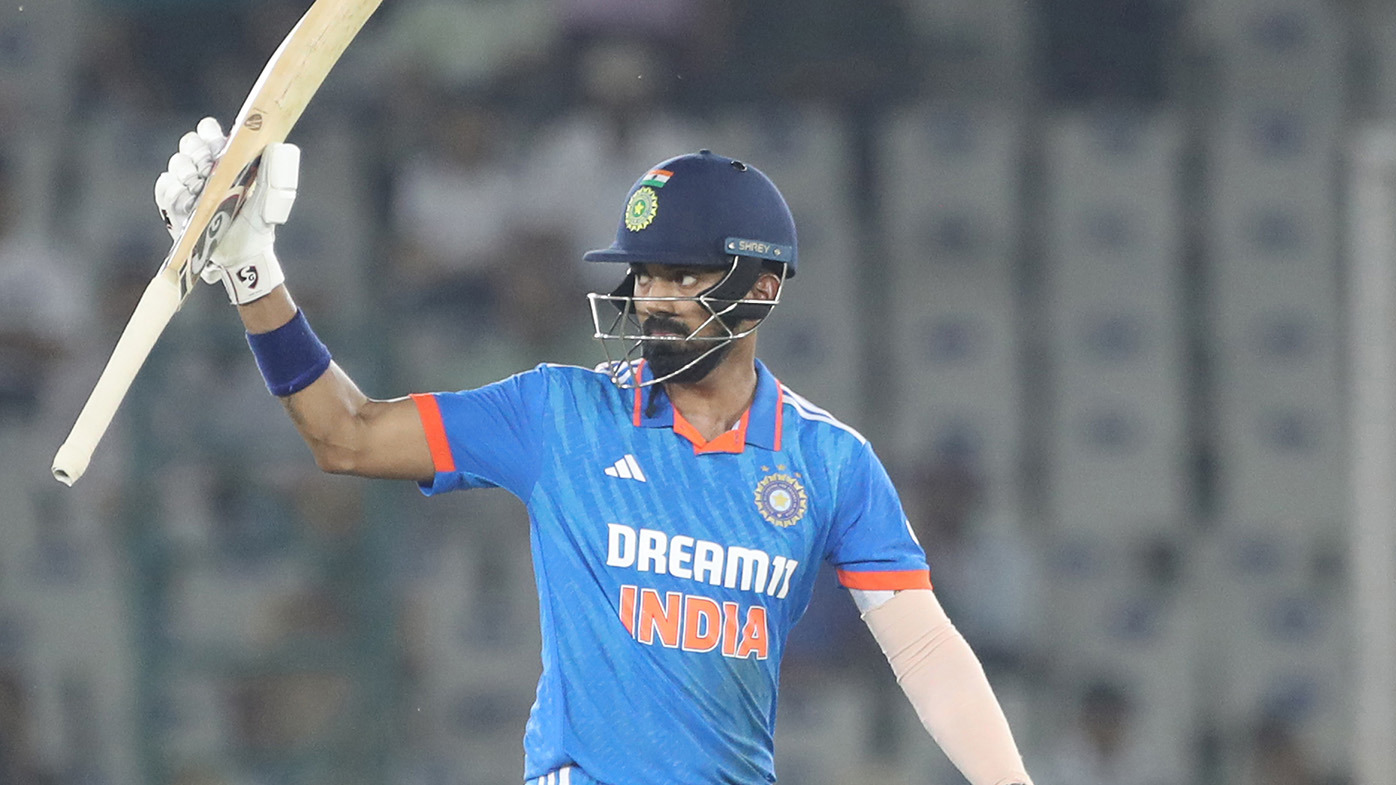 KL Rahul of India  celebrates after scoring a fifty during game one of the One Day International series between India and Australia at Inderjit Singh Bindra Stadium on September 22, 2023 in Mohali, India. (Photo by Pankaj Nangia/Getty Images)