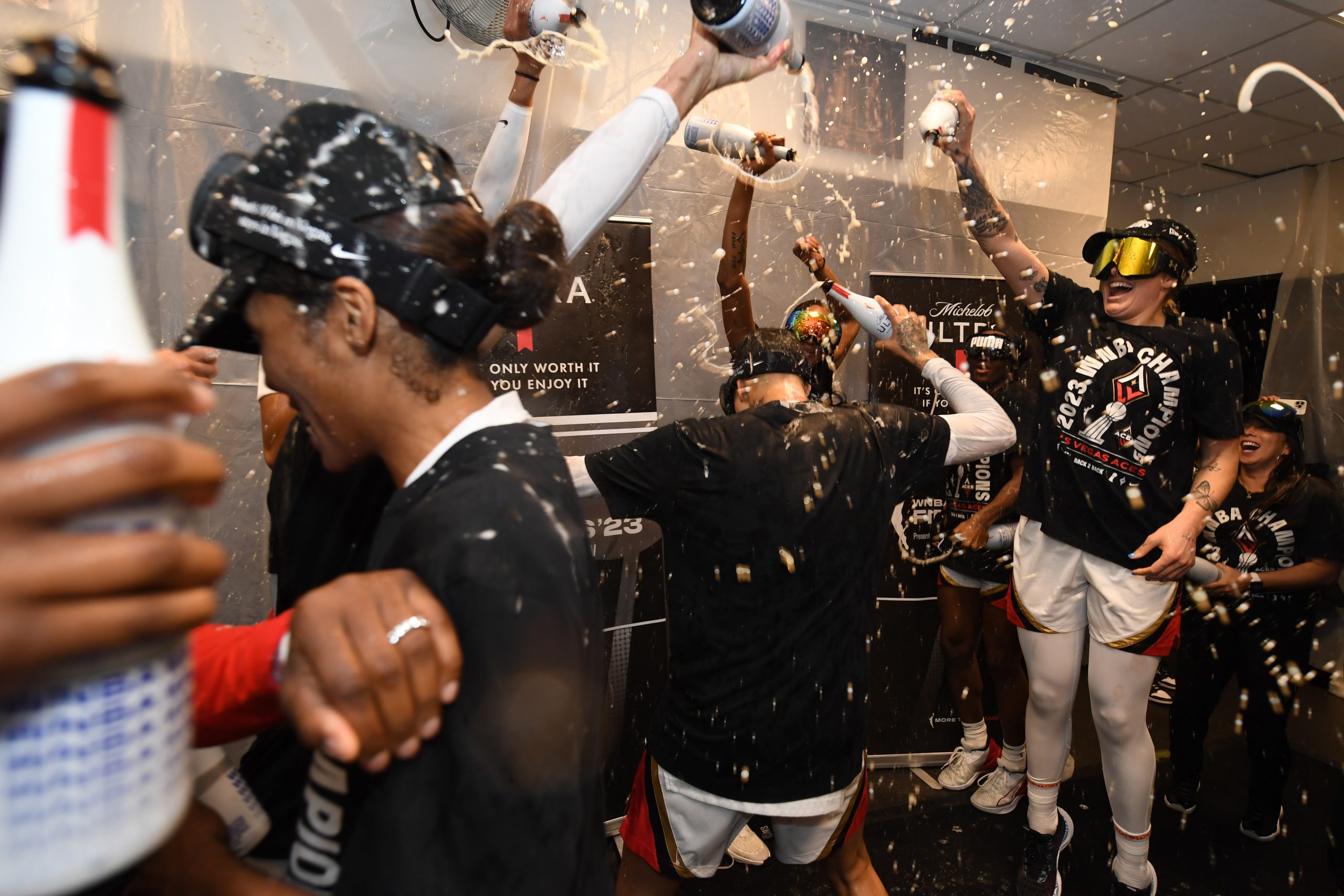 The Las Vegas Aces celebrate after winning game 4 of the 2023 WNBA Finals on October 18, 2023 at Barclays Center in Brooklyn, New York. (Photo by Mike Lawrence/NBAE via Getty Images)
