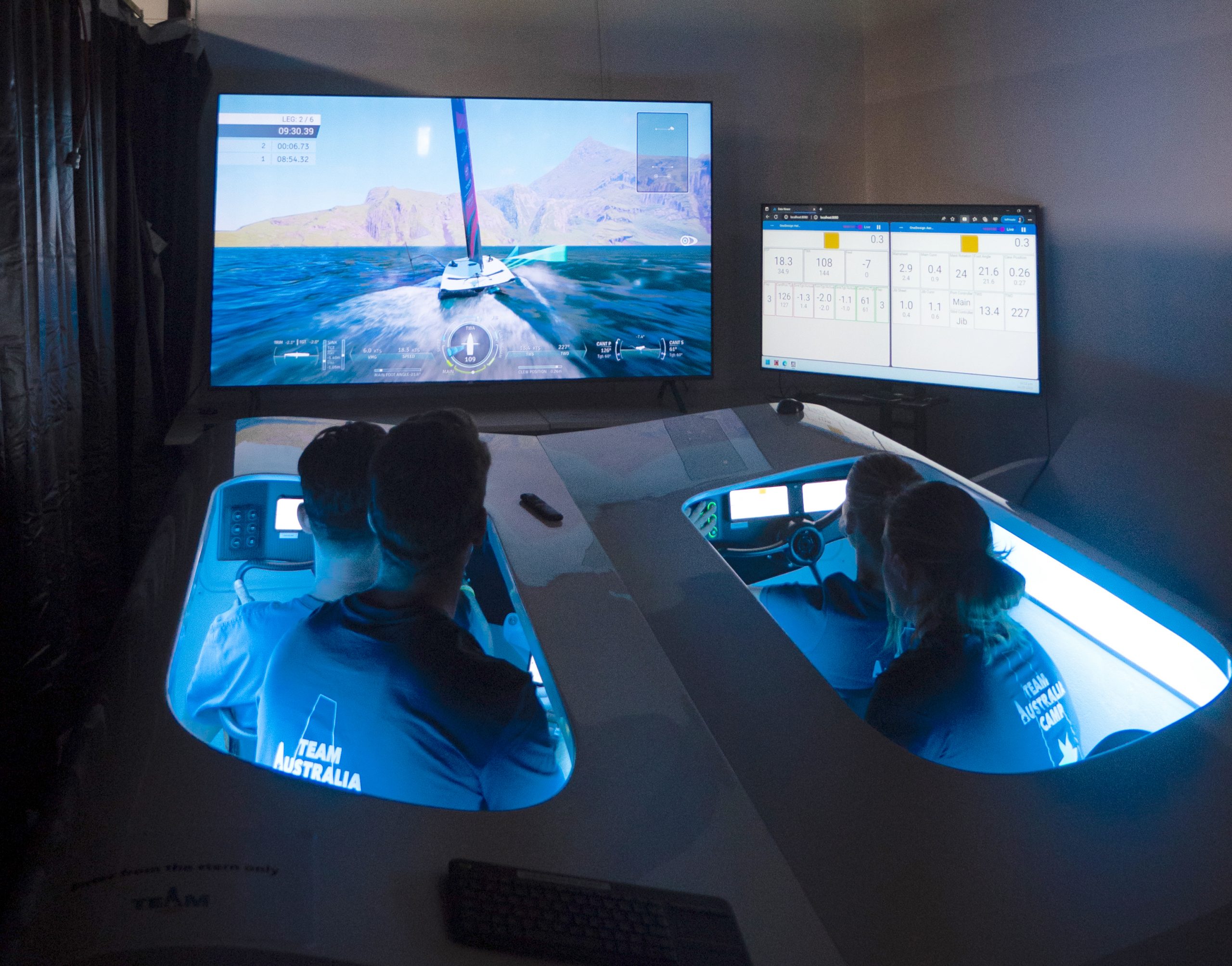 Members of Team Australia train in the AC40 foiling yacht simulator.