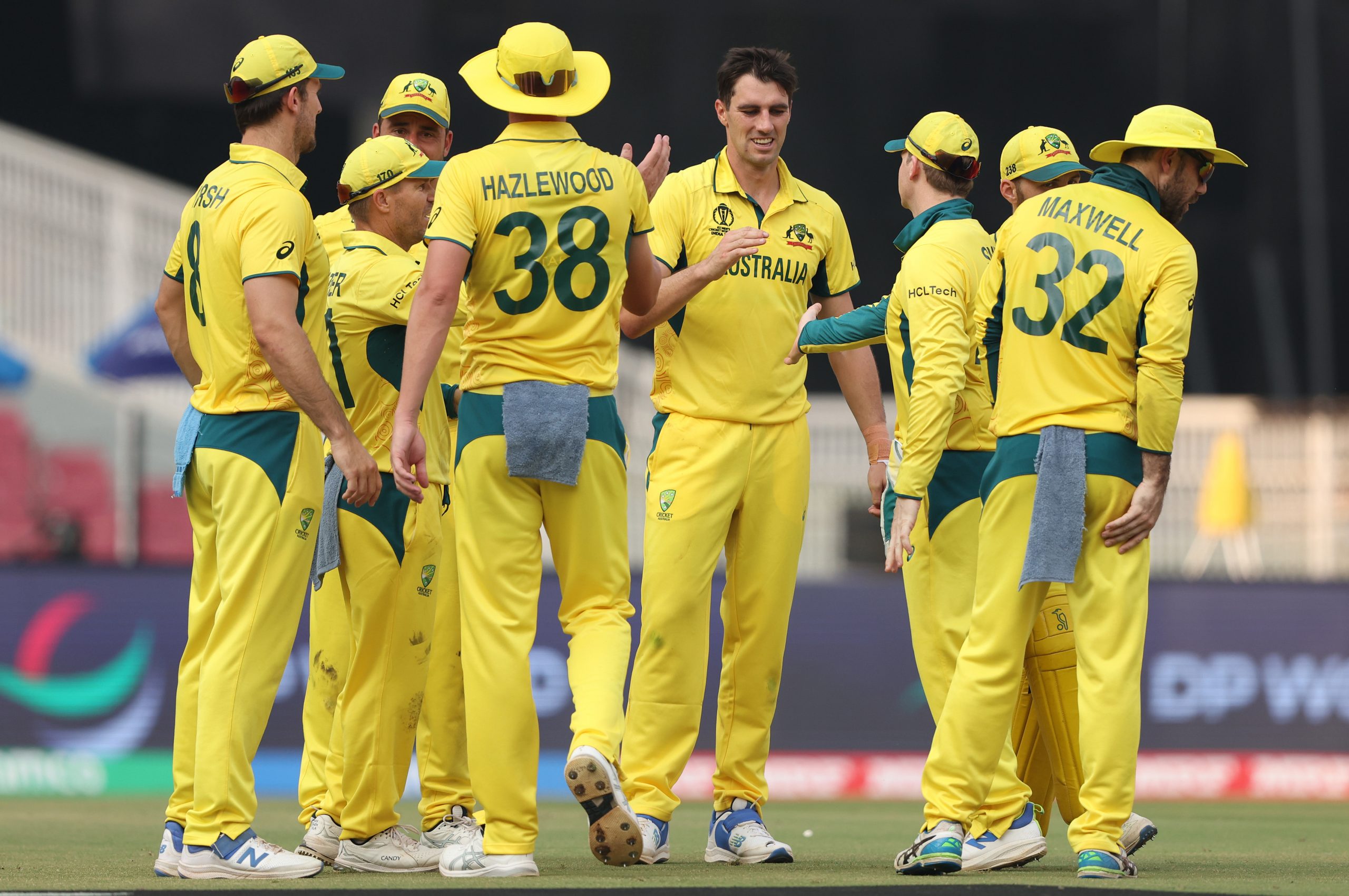 Pat Cummins of Australia celebrates the wicket of Pathum Nissanka of Sri Lanka during the ICC Men's Cricket World Cup India 2023 between Australia and Sri Lanka at BRSABVE Cricket Stadium on October 16, 2023 in Lucknow, India. (Photo by Robert Cianflone/Getty Images)