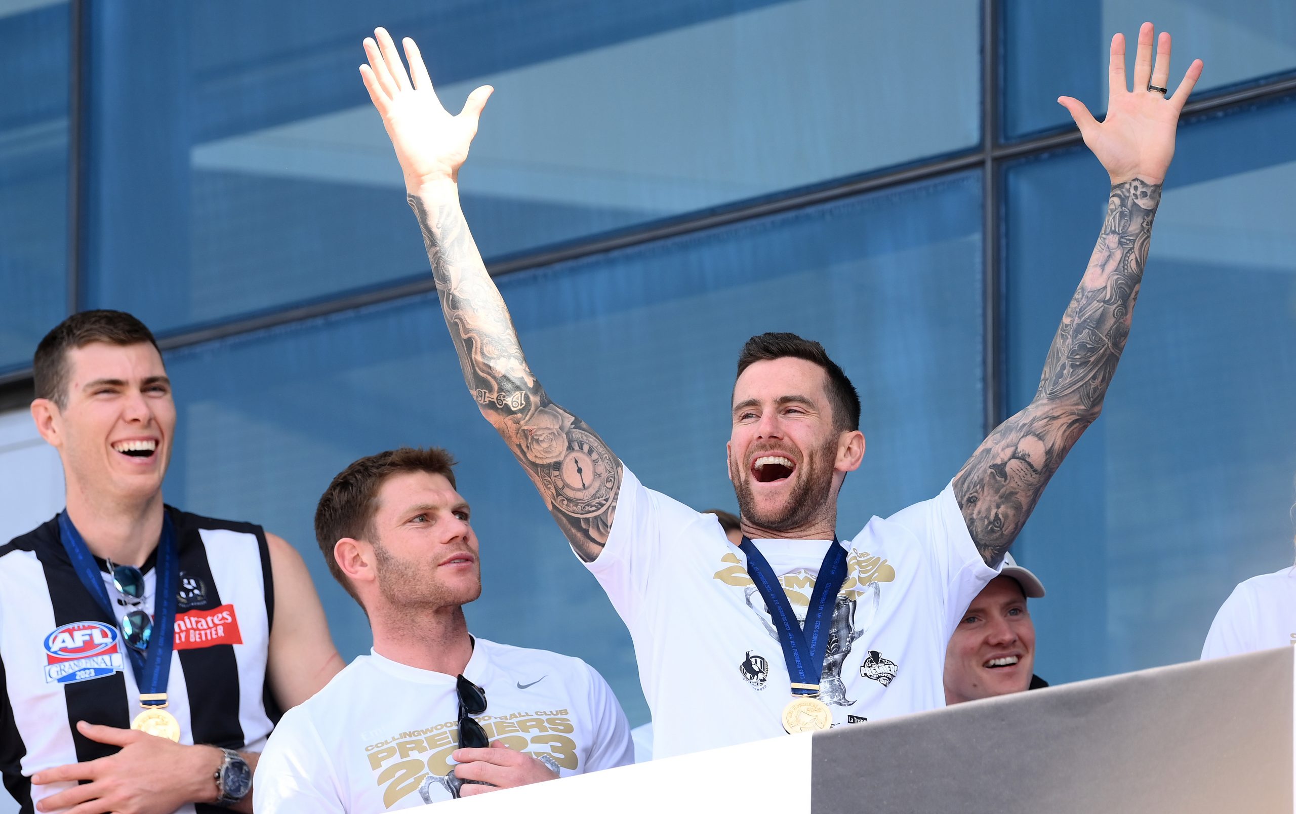 Jeremy Howe acknowledges the crowd at Collingwood's Sunday family day.